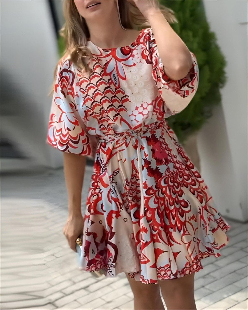 Women's Short Balloon Sleeve Round Neck Pleated Patterned Mini Dress - Janes - by Peralane - photo 6