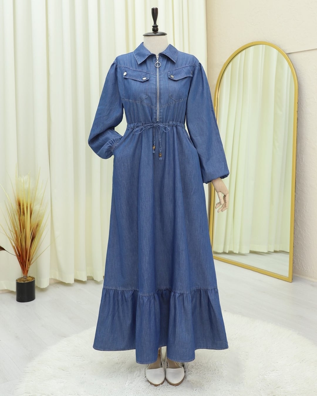 Tunnel Drawstring Half-Zip Pocket Denim Dress - Indigo - Podyumplus - by Peralane - photo 6