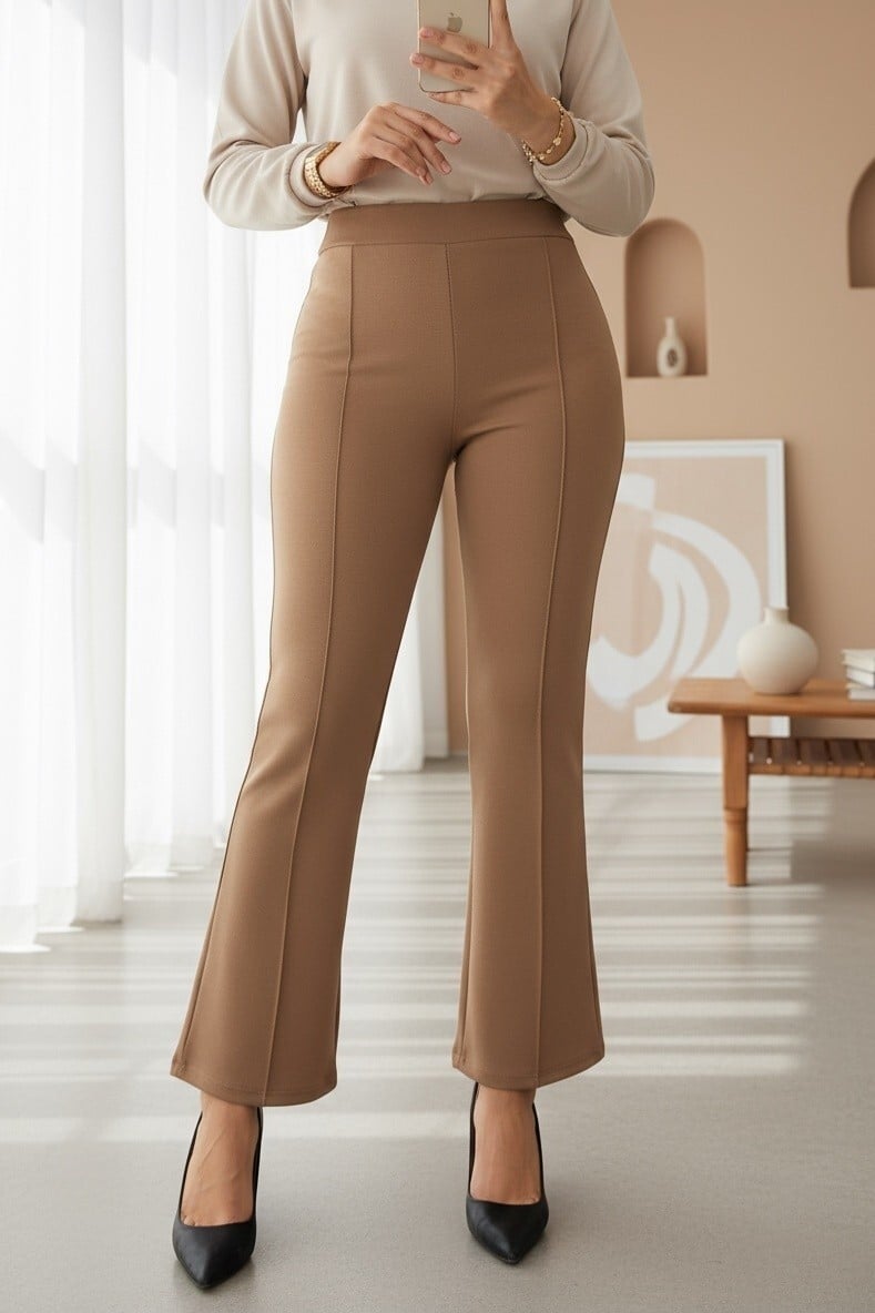 Elastic Waist Stretch Knit Flared Trousers - Camel - Podyumplus - by Peralane