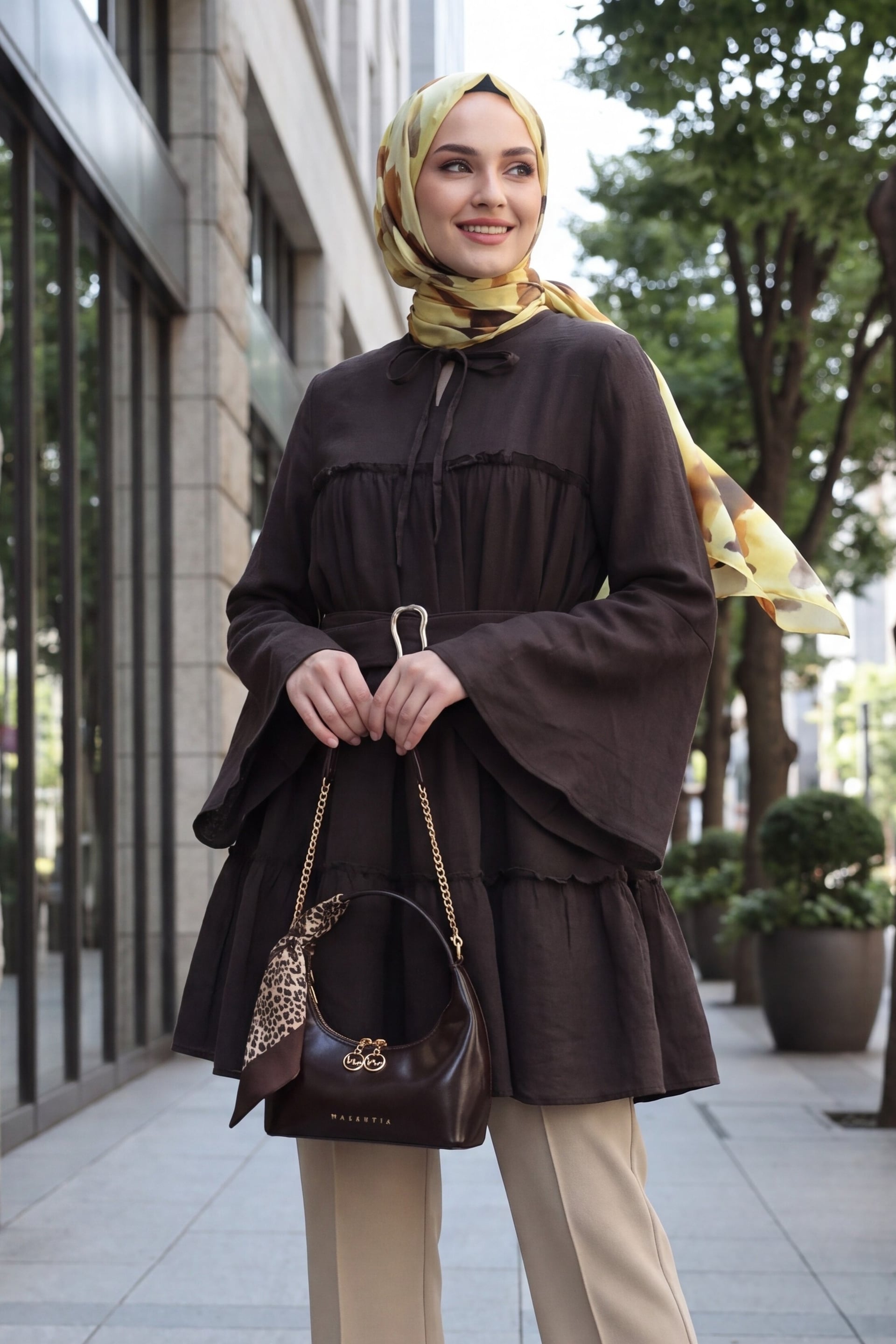 Tie-Neck Belted Spanish Sleeve Tunic in Dark Brown - Podyumplus - by Peralane - photo 2