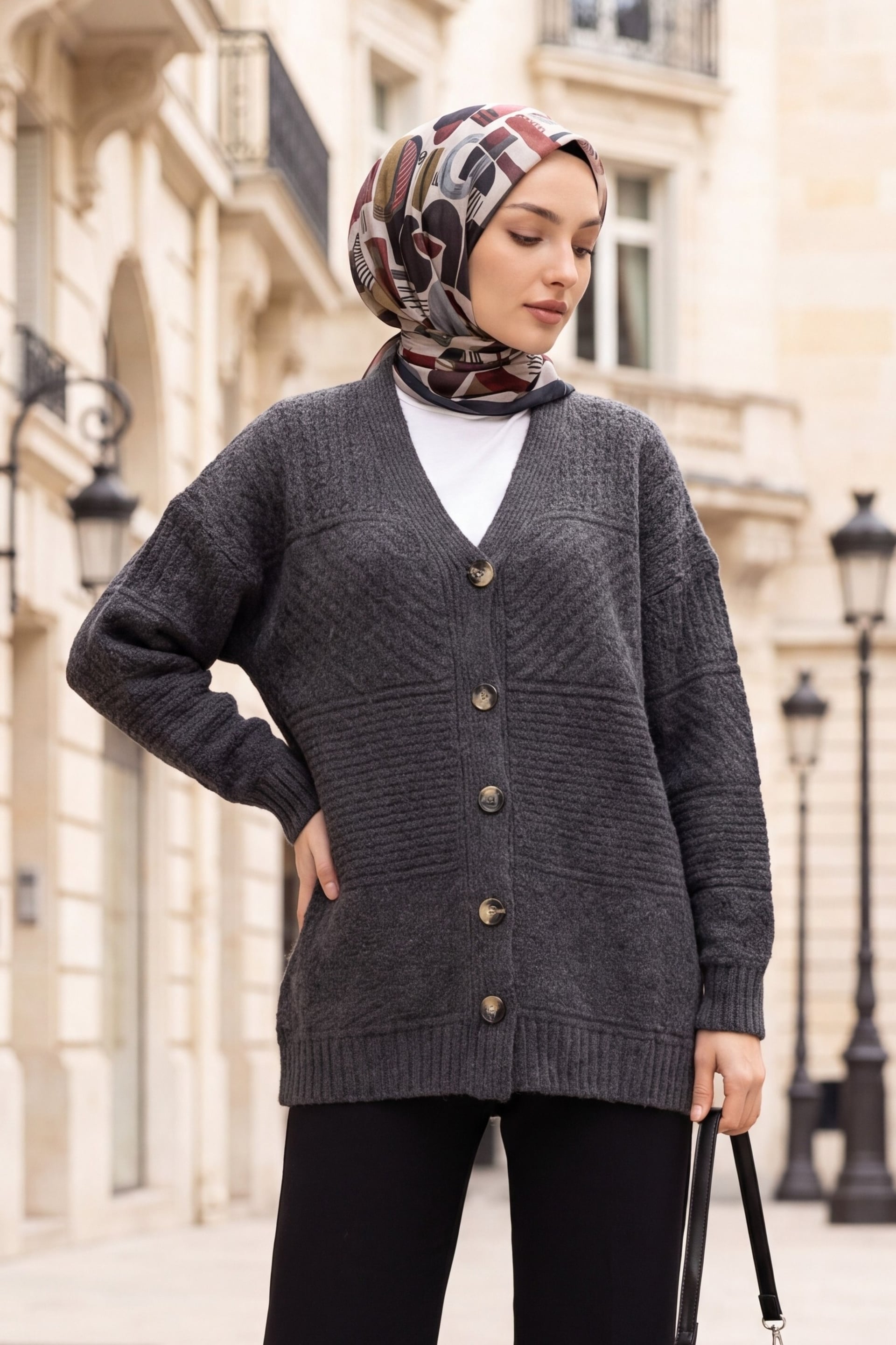 Button-Front V-Neck Relaxed Knit Cardigan - Smoke - Podyumplus - by Peralane - photo 2