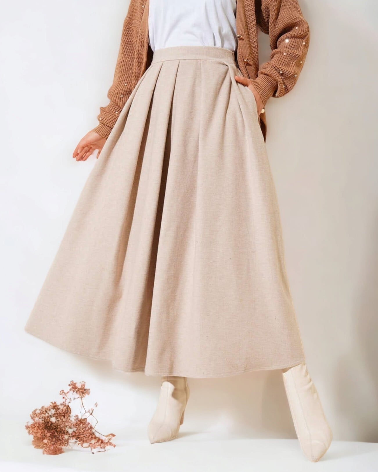 Pleated Wool-Look Midi Skirt - Beige - Podyumplus - by Peralane - photo 2