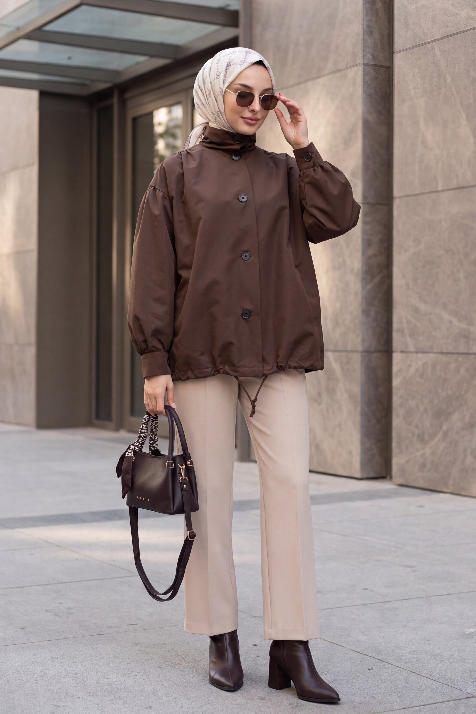 Brown Balloon Sleeve Double Pocket Lined Button Trench Coat - Podyumplus - by Peralane - photo 2