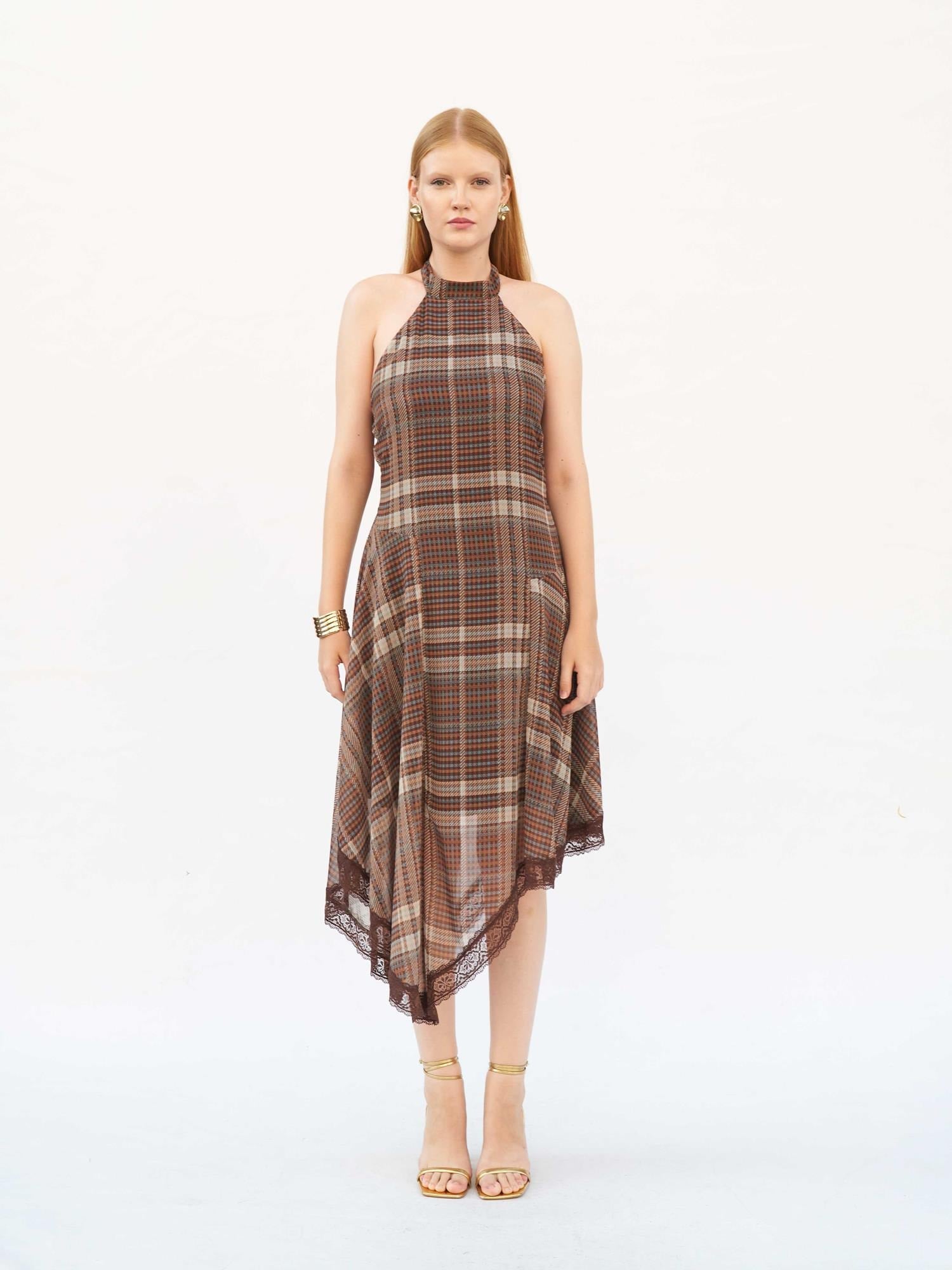 Lace Trim Plaid Maxi Dress - Lefon - by Peralane