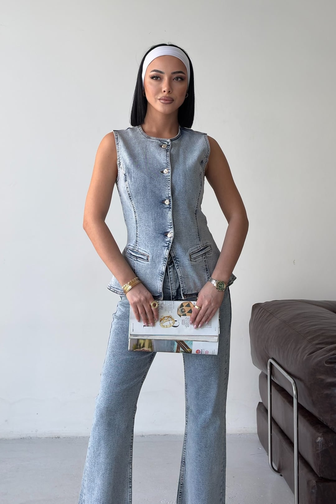 Denim Vest and Flared Trousers Two-Piece Set in Light Wash Blue - Xlove - by Peralane