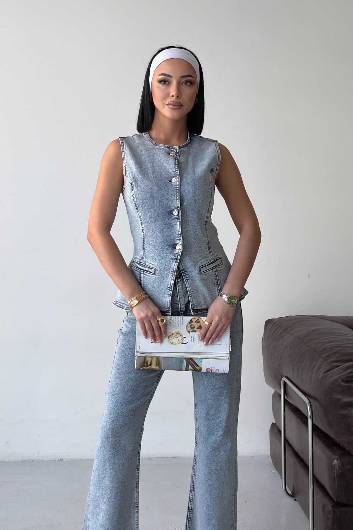 Denim Vest and Flared Trousers Two-Piece Set in Light Wash Blue - Xlove - by Peralane