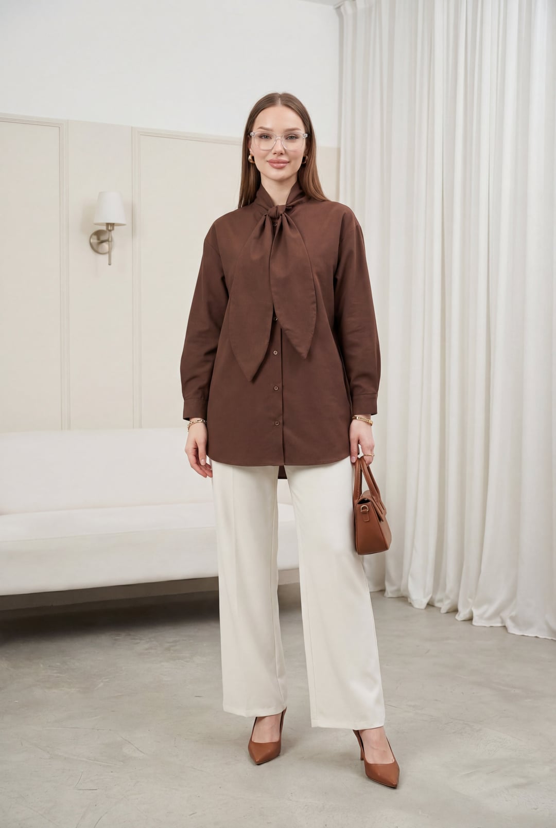 Tie-Neck Buttoned Oversize Blouse - Brown - Podyumplus - by Peralane - photo 2