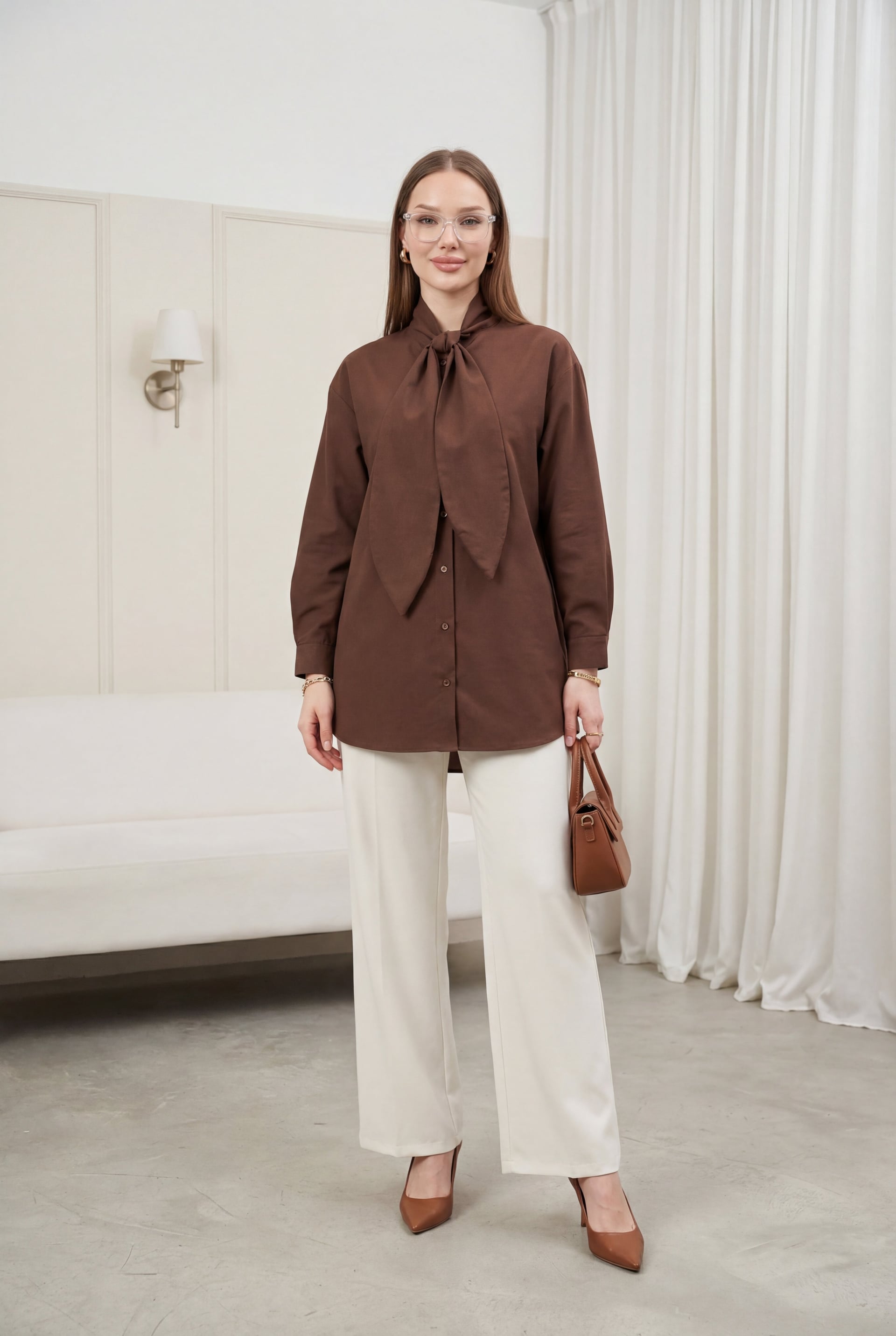 Tie-Neck Buttoned Oversize Blouse - Brown - Podyumplus - by Peralane - photo 2
