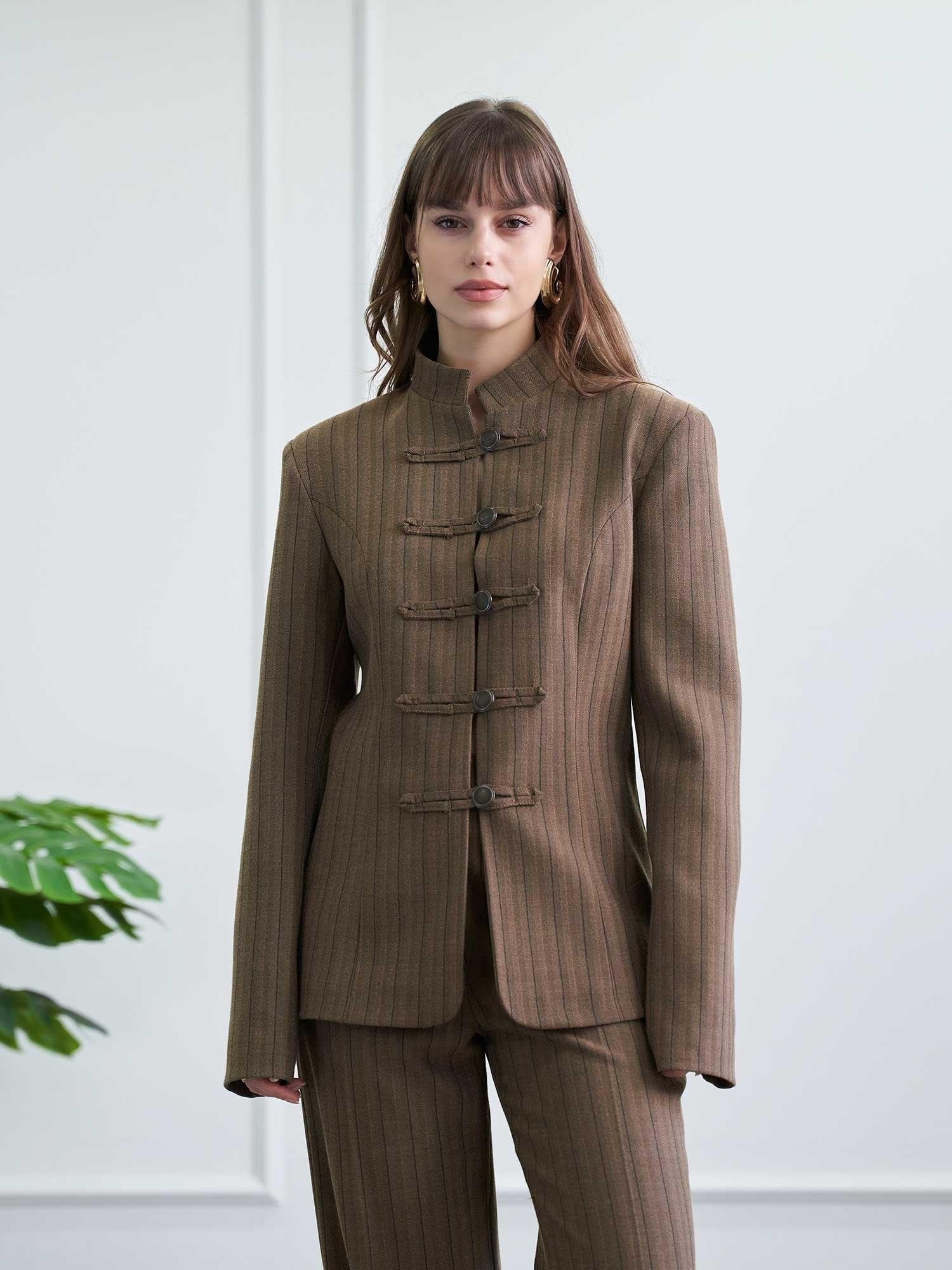 Brown Mandarin Collar Jacket and Wide-Leg Trousers Co-ord Set - Lefon - by Peralane - photo 2