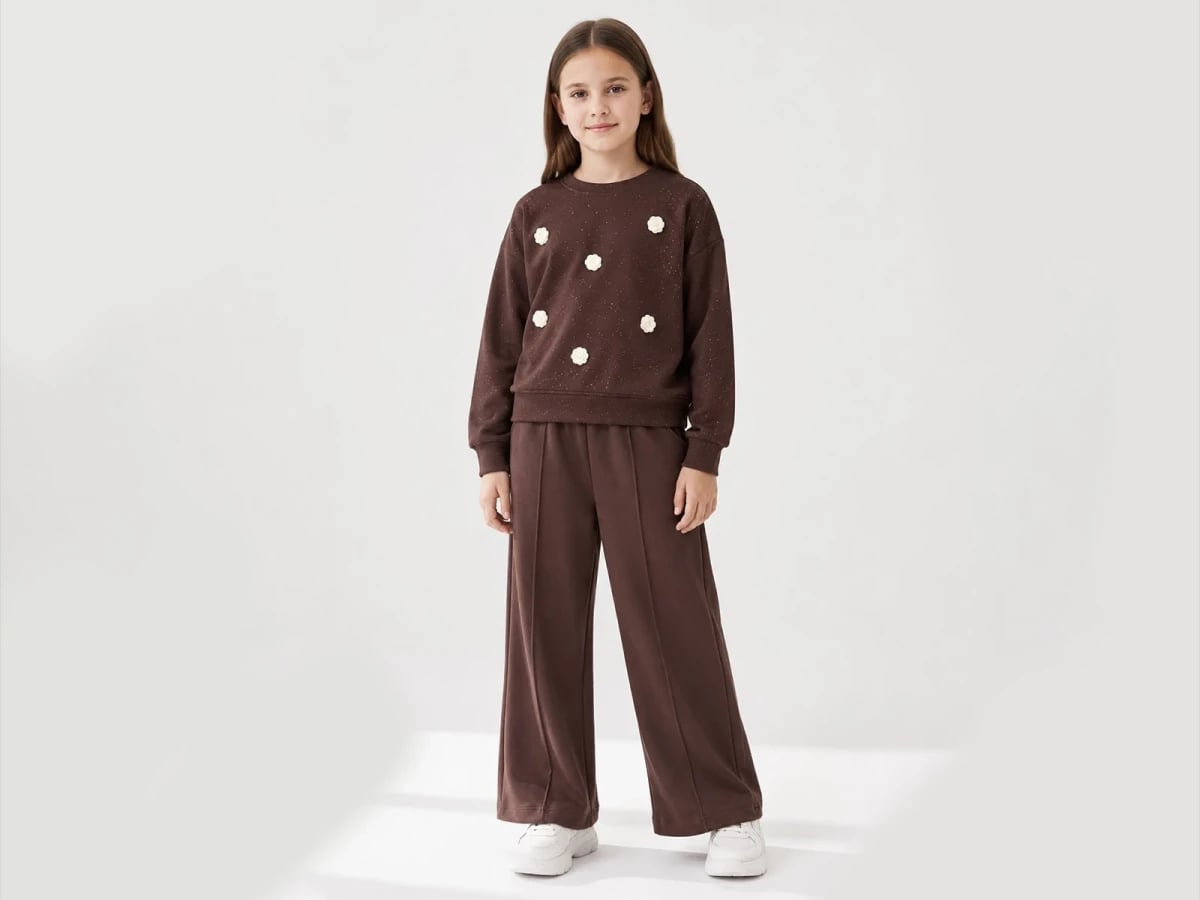 Girl's Floral Glitter Sweatshirt and Wide-Leg Trousers Set - Dark Brown - Incilay - by Peralane