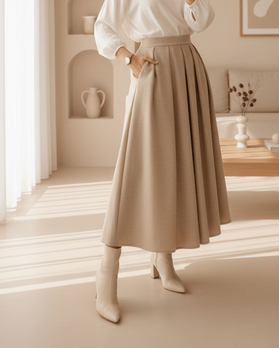 Pleated Wool-Look Midi Skirt - Beige - Podyumplus - by Peralane