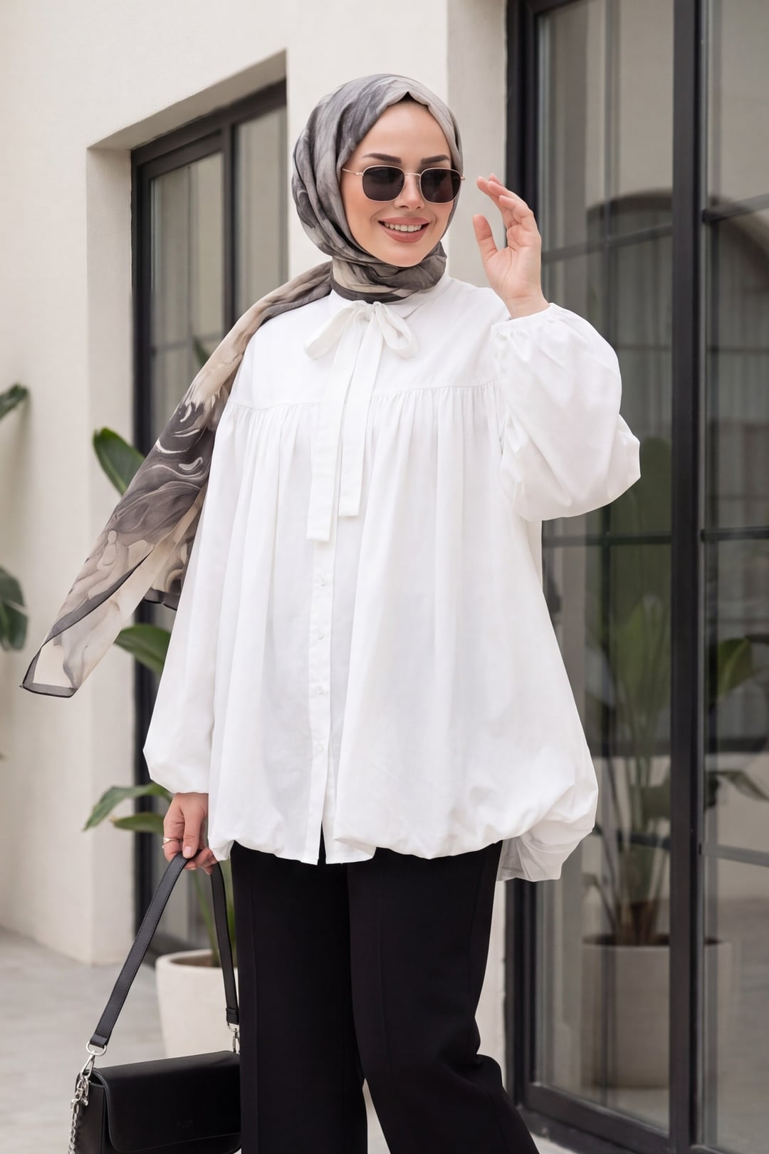 White Lace-Up Button-Front Balloon Sleeve Cupro Tunic - Podyumplus - by Peralane - photo 2