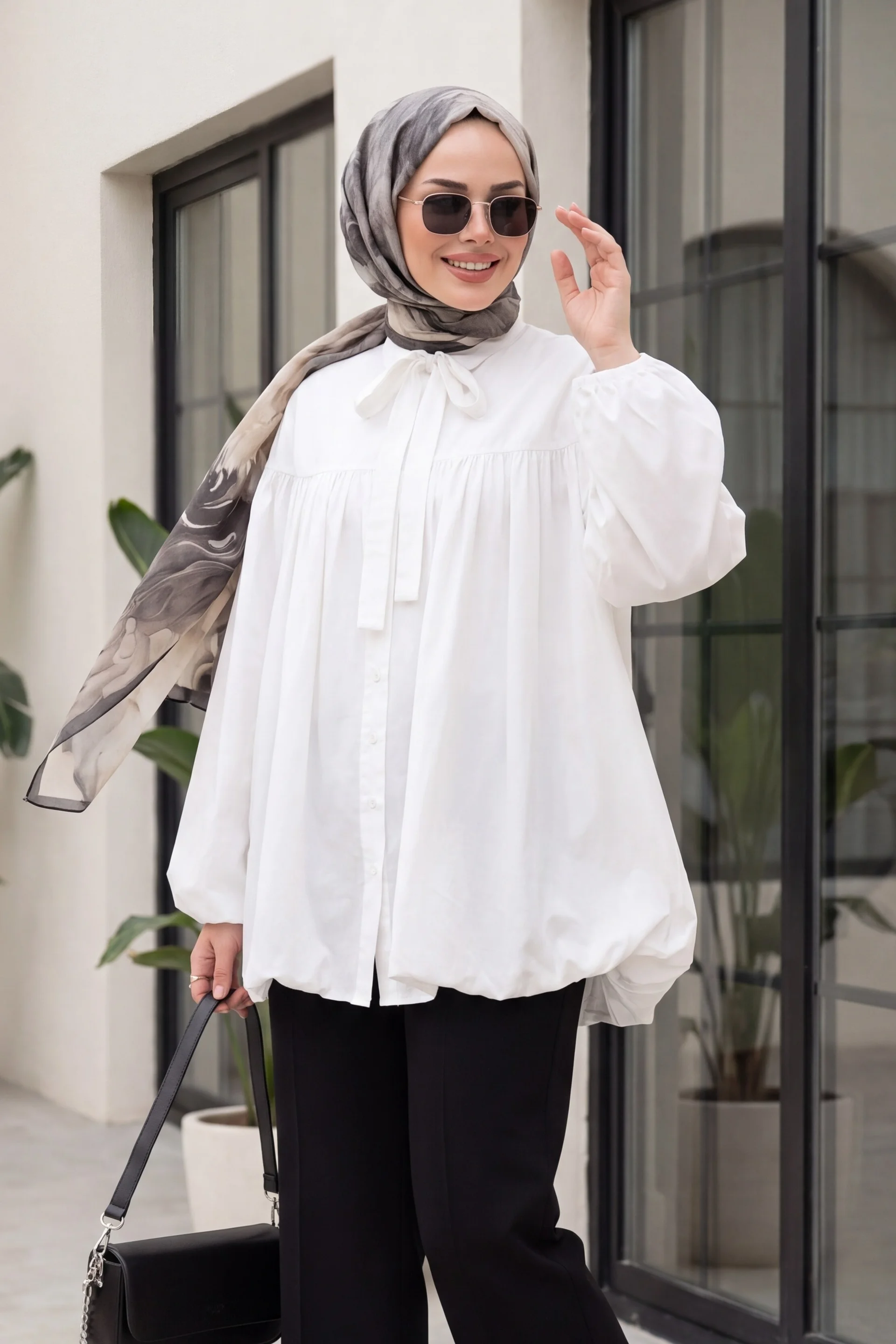 White Lace-Up Button-Front Balloon Sleeve Cupro Tunic - Podyumplus - by Peralane - photo 2