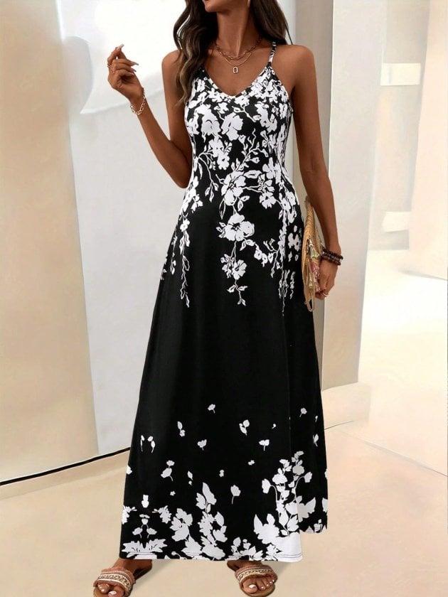 Women's Black Floral Print Maxi Dress with V-Neck and Spaghetti Straps - Janes - by Peralane