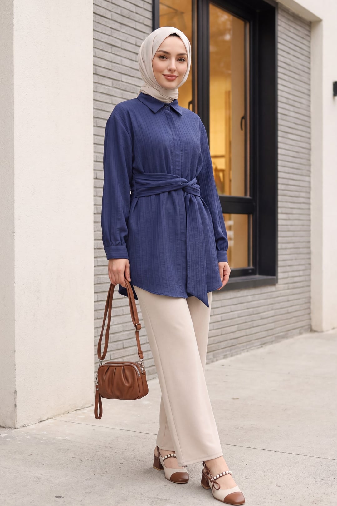 Navy Blue Tie-Waist Ribbed Crinkle Tunic - Podyumplus - by Peralane - photo 4