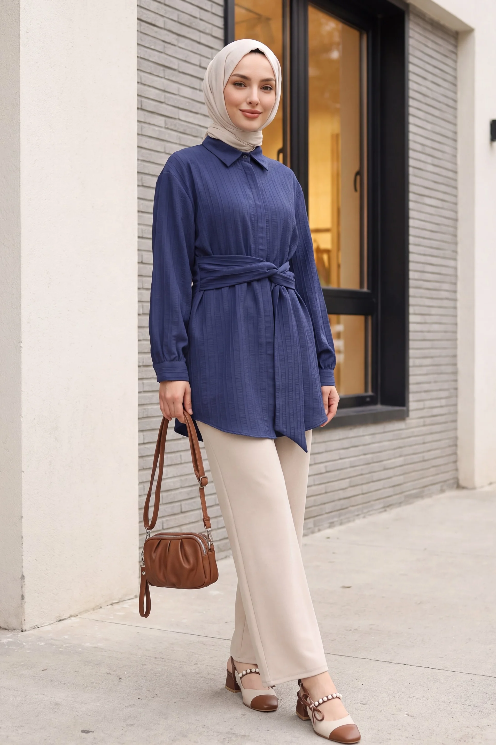 Navy Blue Tie-Waist Ribbed Crinkle Tunic - Podyumplus - by Peralane - photo 4