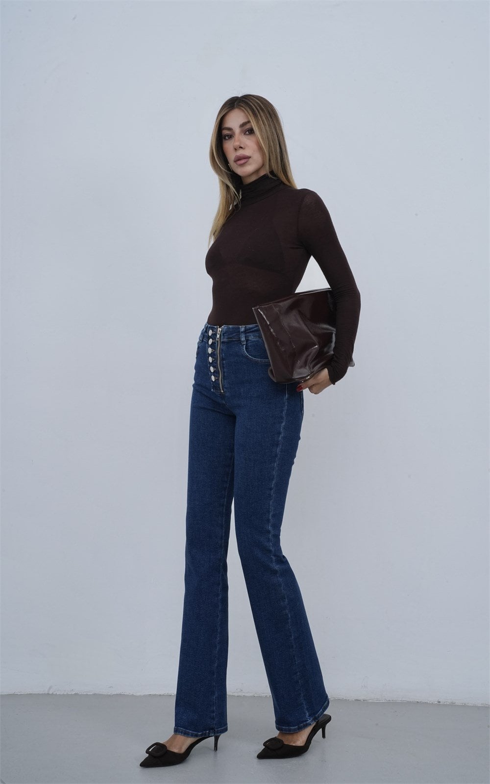 High Waist Button Detail Zip Fly Straight Leg Dark Blue Denim Jeans - Lacarino Jeans - by Peralane - photo 3