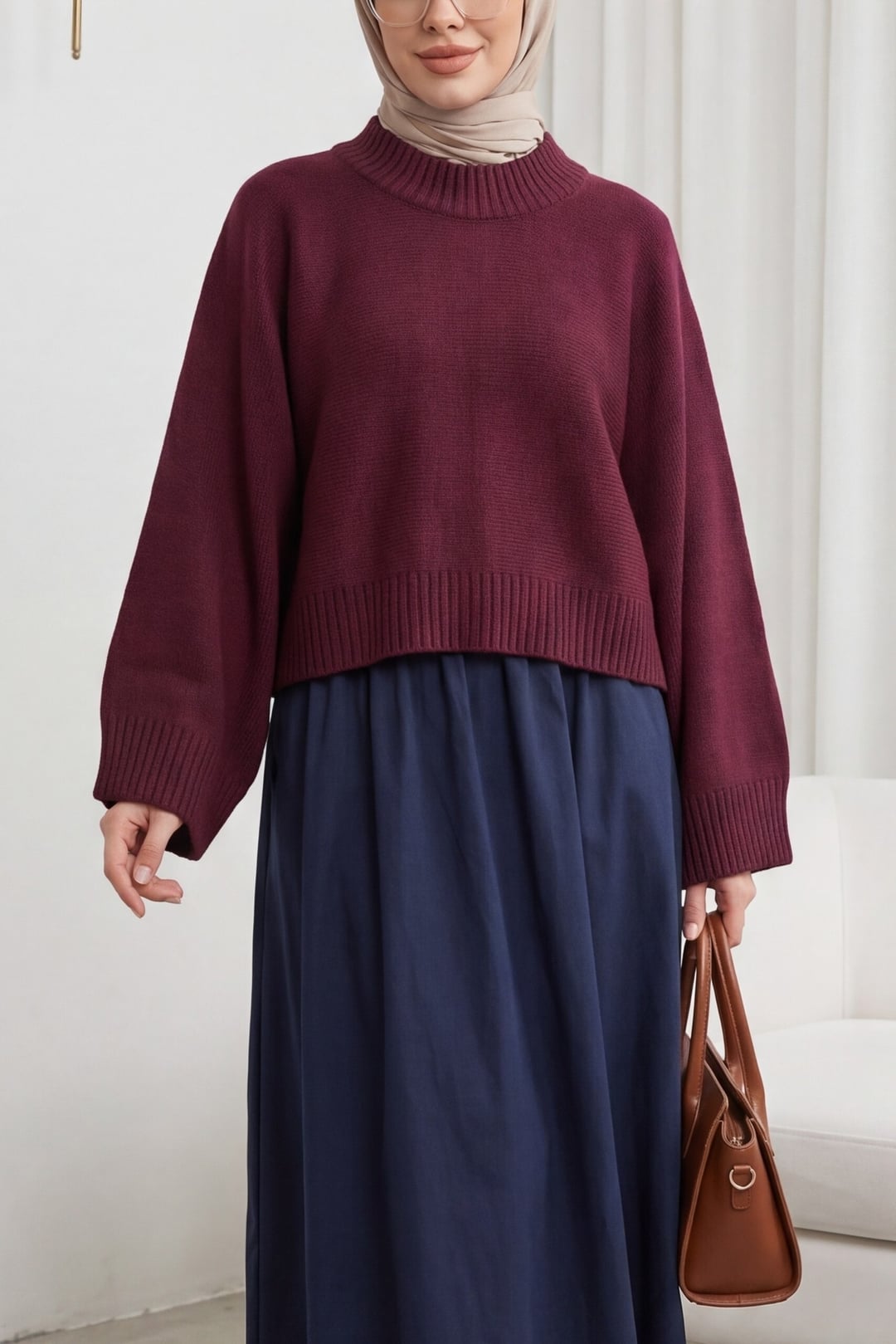 Half Mock Neck Batwing Sleeve Tunic Sweater - Maroon - Podyumplus - by Peralane