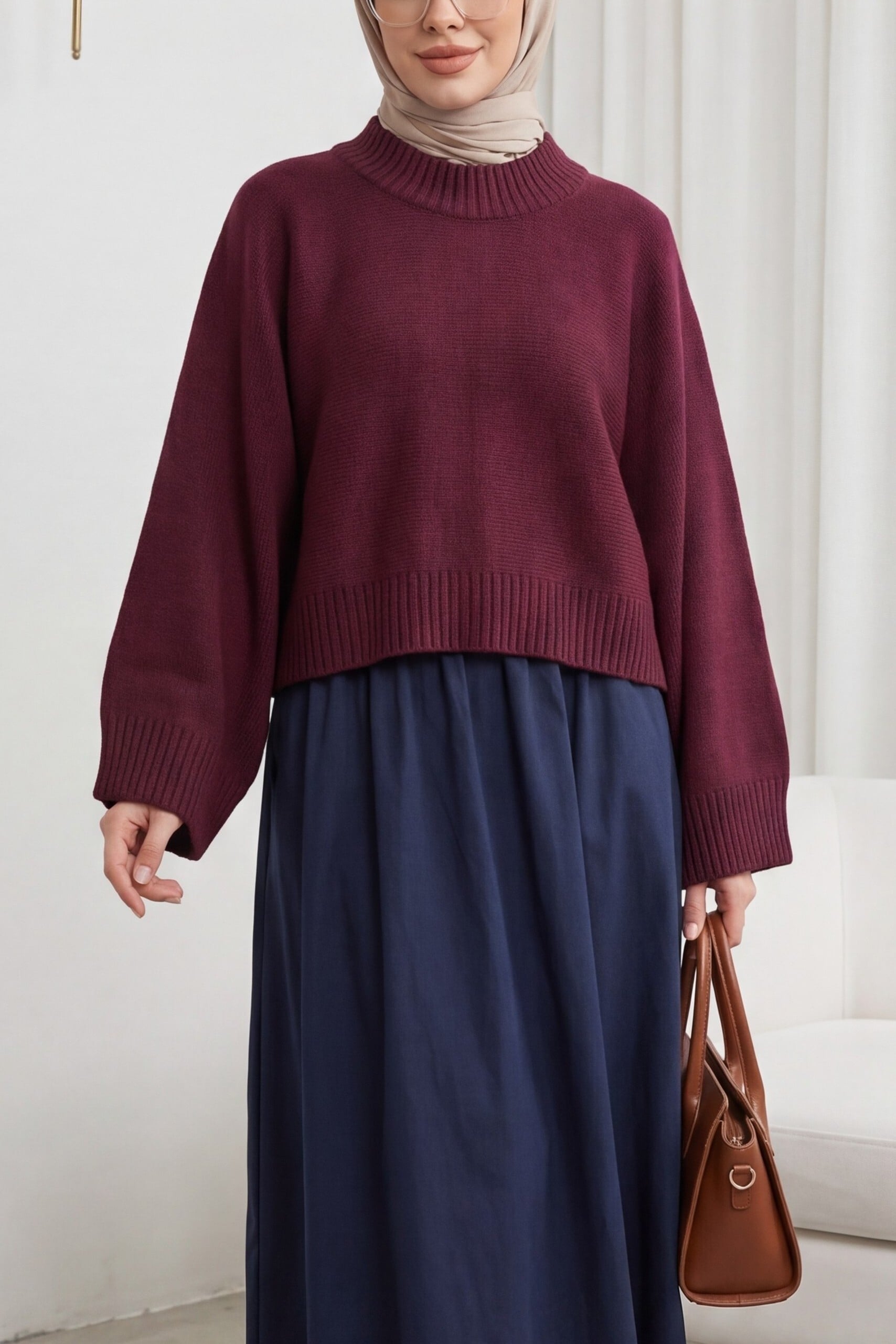 Half Mock Neck Batwing Sleeve Tunic Sweater - Maroon - Podyumplus - by Peralane