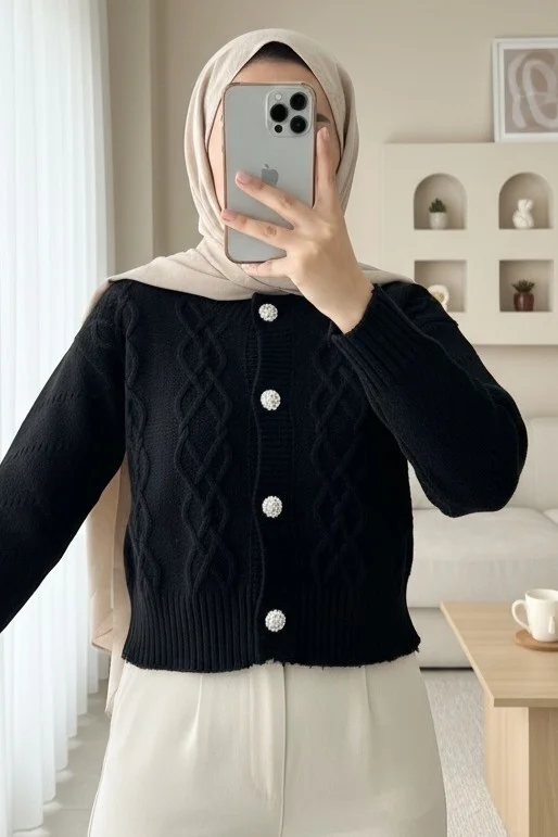 Black Pearl Button Cable Knit Cardigan - Podyumplus - by Peralane