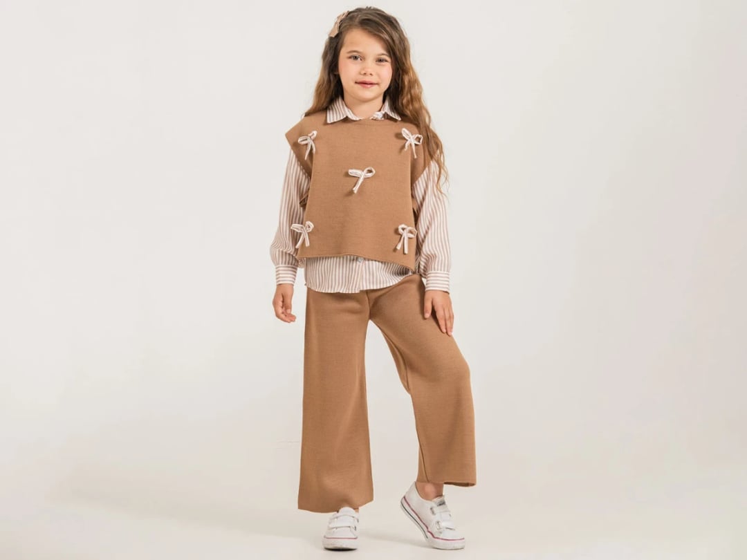 Girls' Three-Piece Knit Set with Bow-Detail Vest and Wide-Leg Trousers - Camel Brown - Pampal Kids - by Peralane