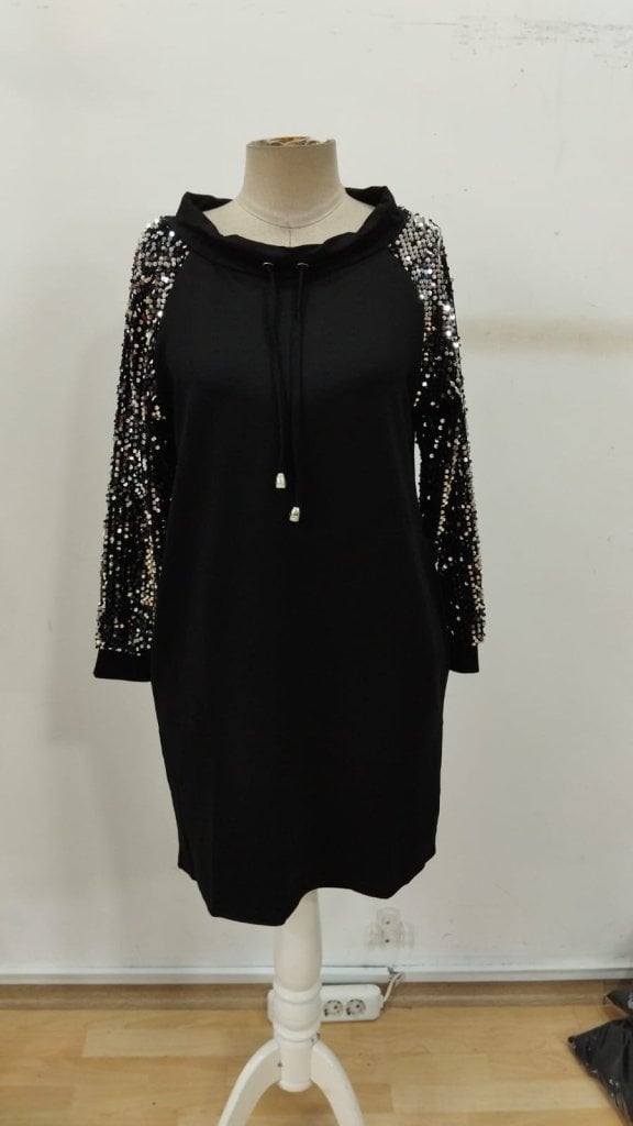 Women's Long Sleeve Sequin Drawstring Mini Dress with Pockets - Black - Janes - by Peralane - photo 5