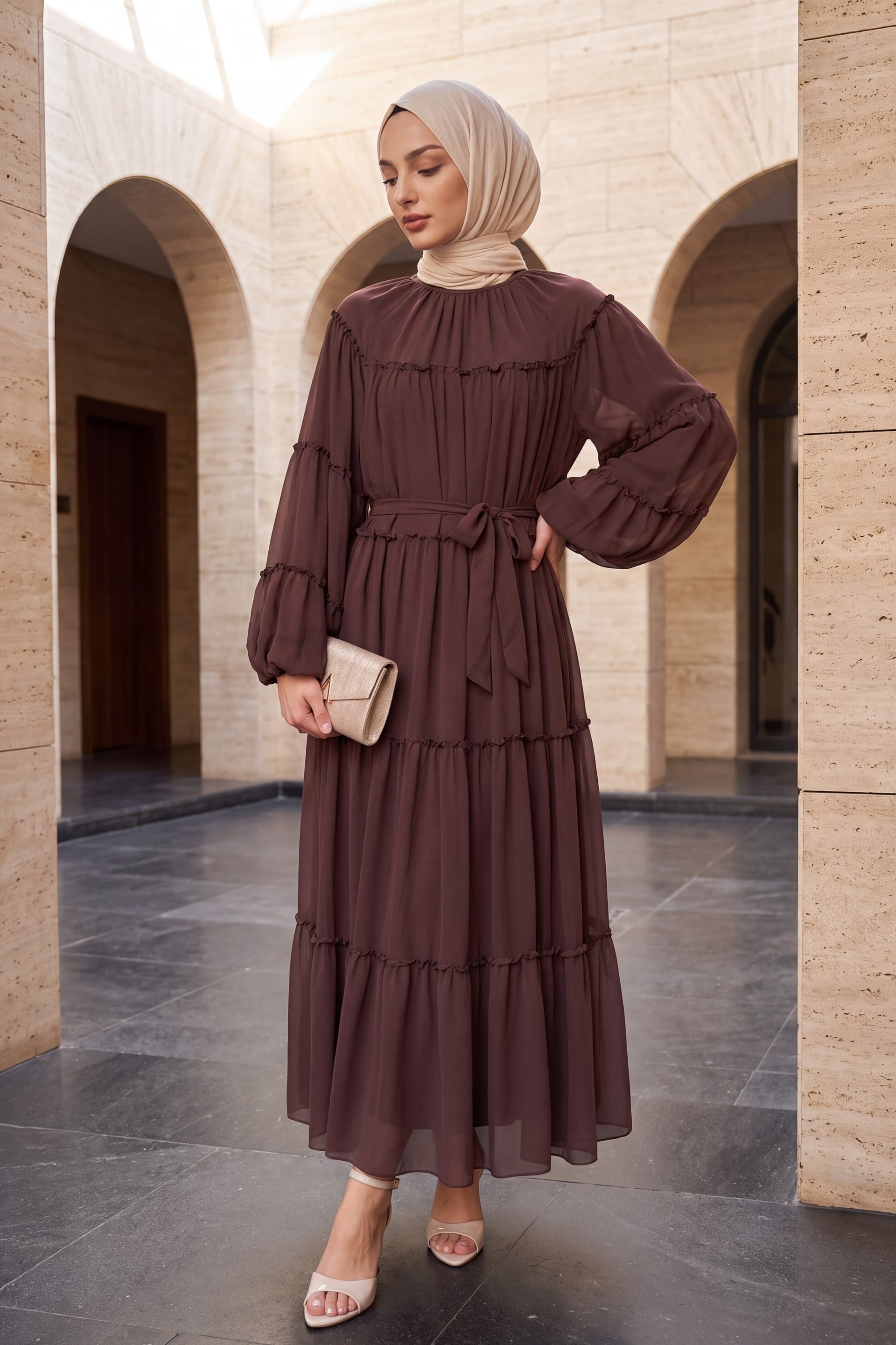 Ruffled Tiered Maxi Dress with Drawstring Waist and Bishop Sleeves - Dusty Rose - Podyumplus - by Peralane - photo 3
