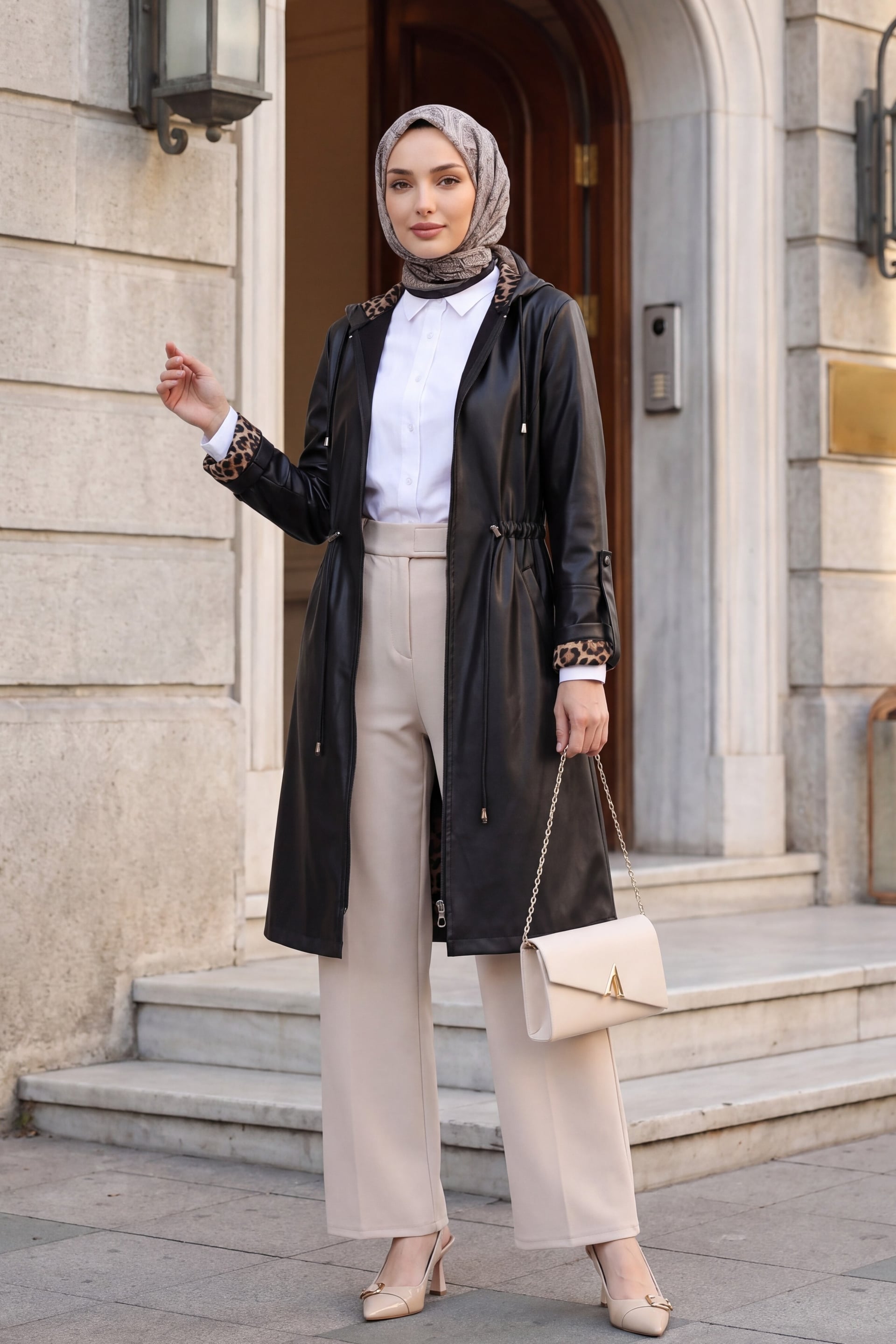Black Faux Leather Hooded Coat with Drawstring Waist - Podyumplus - by Peralane - photo 3