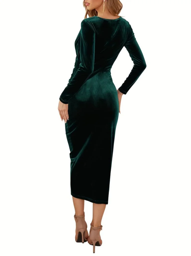 Women's Long Sleeve V-Neck Ruched Velvet Midi Dress - Janes - by Peralane - photo 4