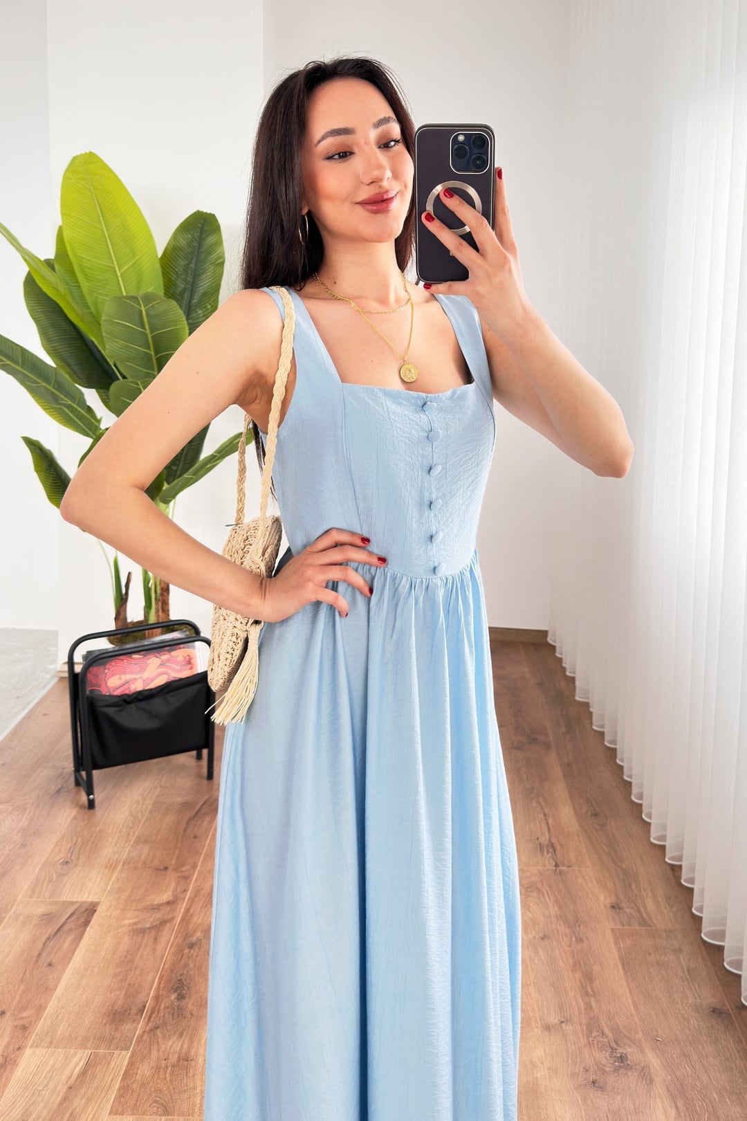 Bebe Blue Sleeveless Maxi Dress with Button Front and Tie Neck - Lustri̇n - by Peralane - photo 2
