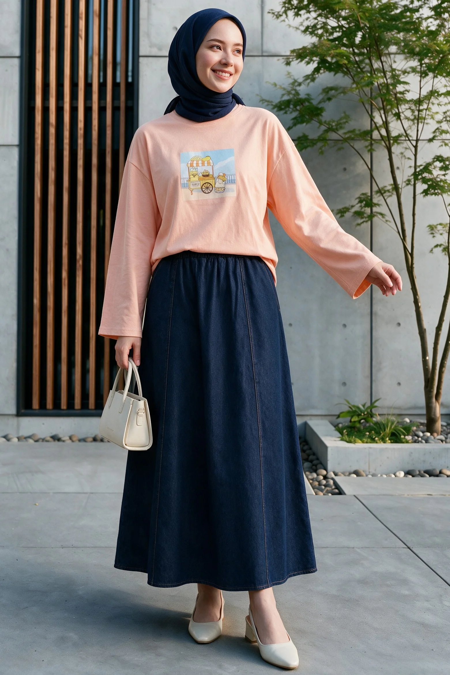 Crew Neck Graphic Print Sweatshirt in Peach - Podyumplus - by Peralane - photo 3