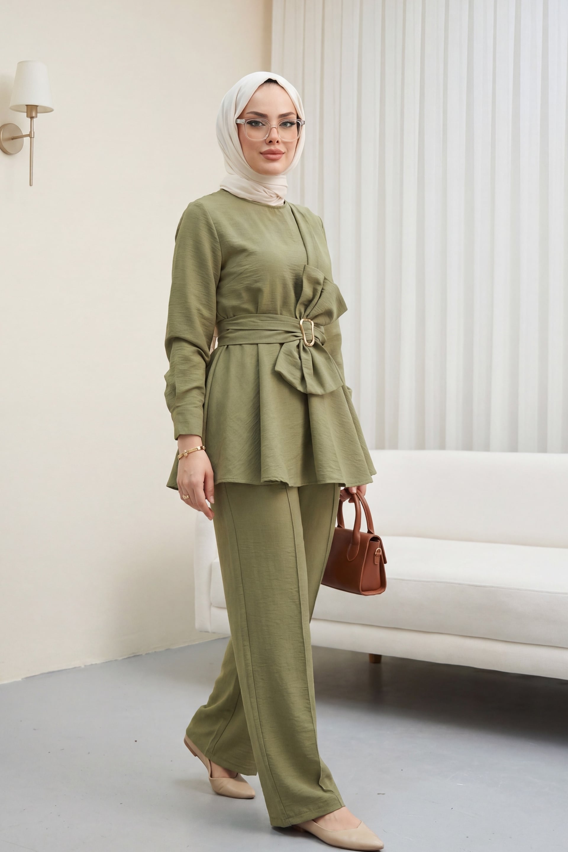 Belted Bow Detail Cupro Two-Piece Set with Trousers - Olive Green - Podyumplus - by Peralane - photo 2