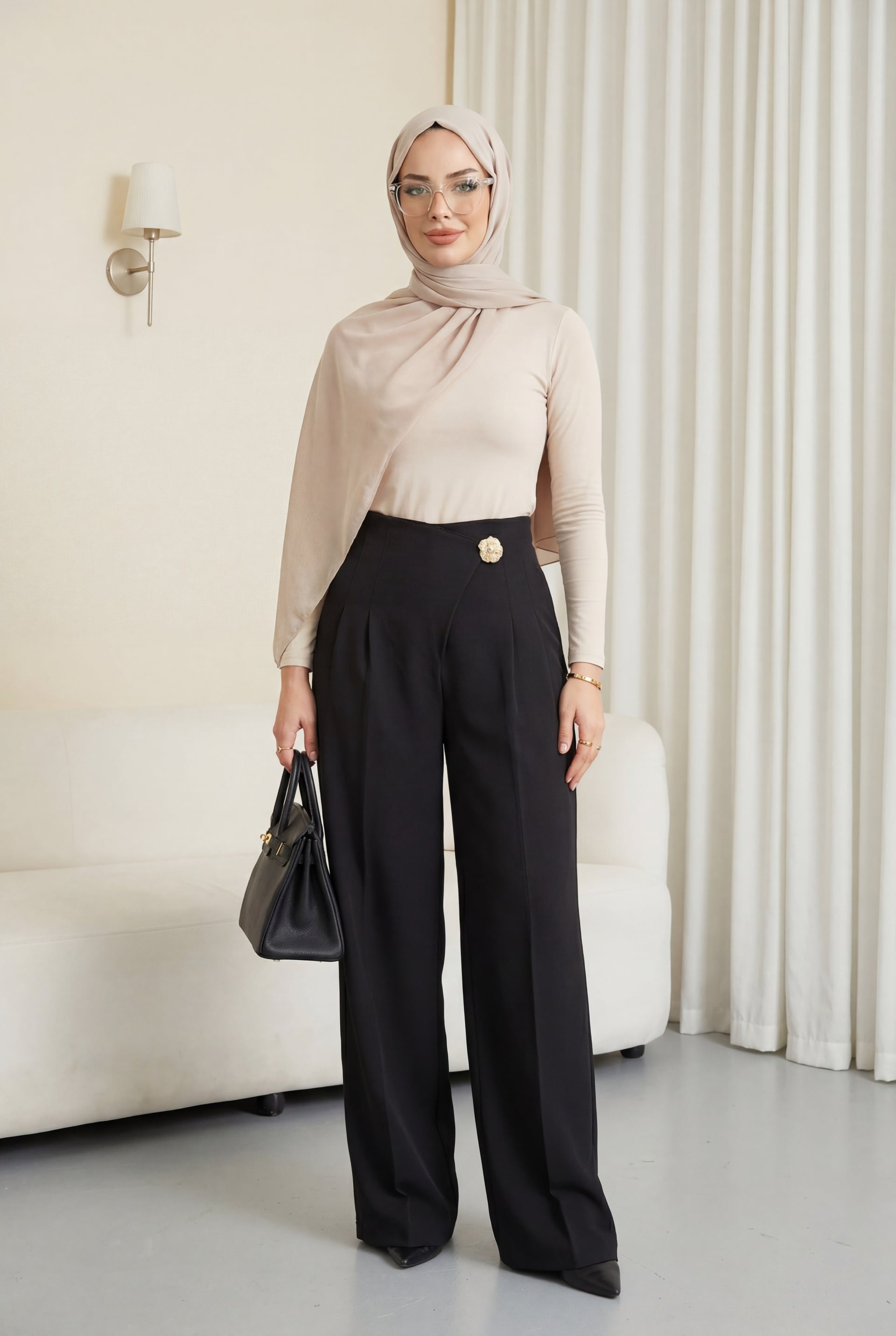 Side Zip Wide Leg Crepe Trousers with Bow Detail - Black - Podyumplus - by Peralane - photo 2