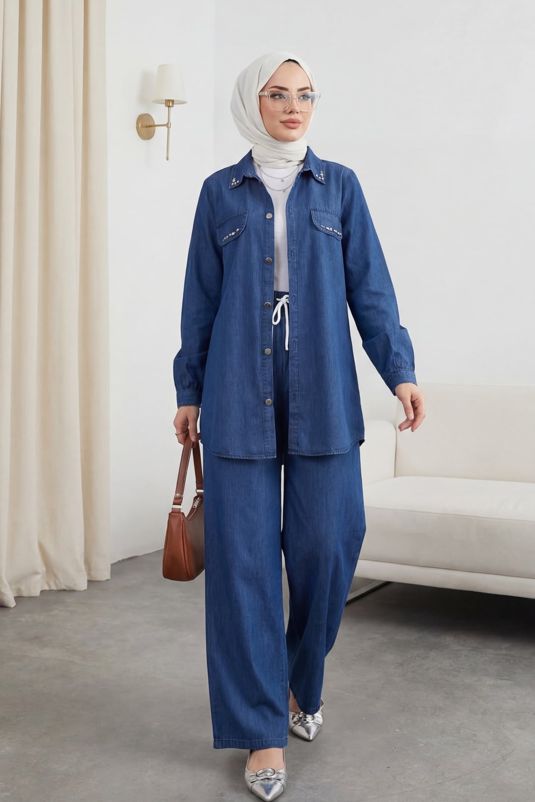 Buttoned Pocket Detail Wide Leg Denim Co-ord Set - Indigo - Podyumplus - by Peralane - photo 2