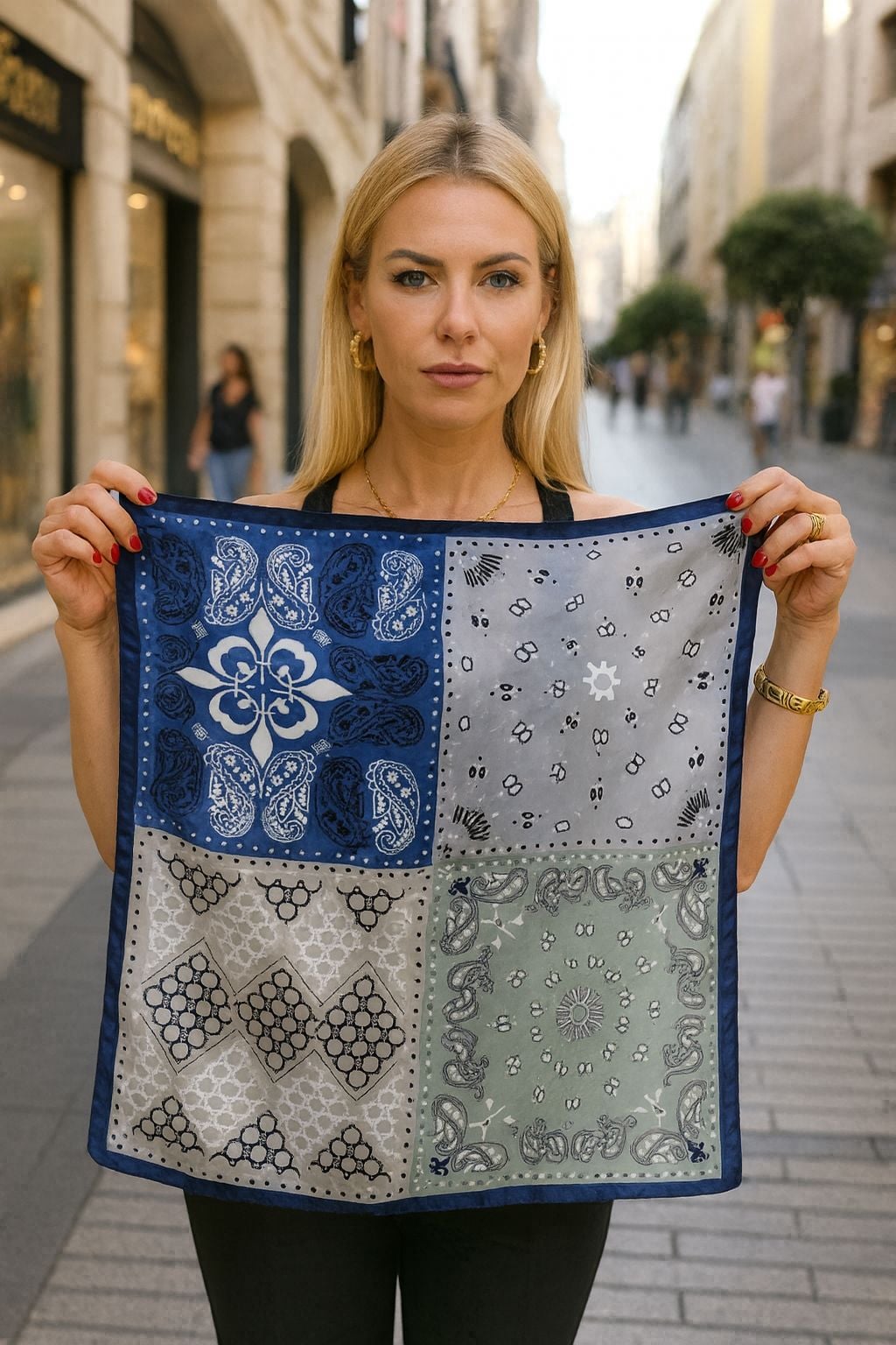 Patchwork Print Blue Bandana Scarf 70x70 cm - Nesvay - by Peralane