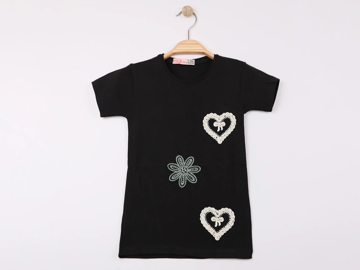 Girls' Black Cotton Jersey T-Shirt with Heart Appliques - Pack of 4 - Elsa - by Peralane