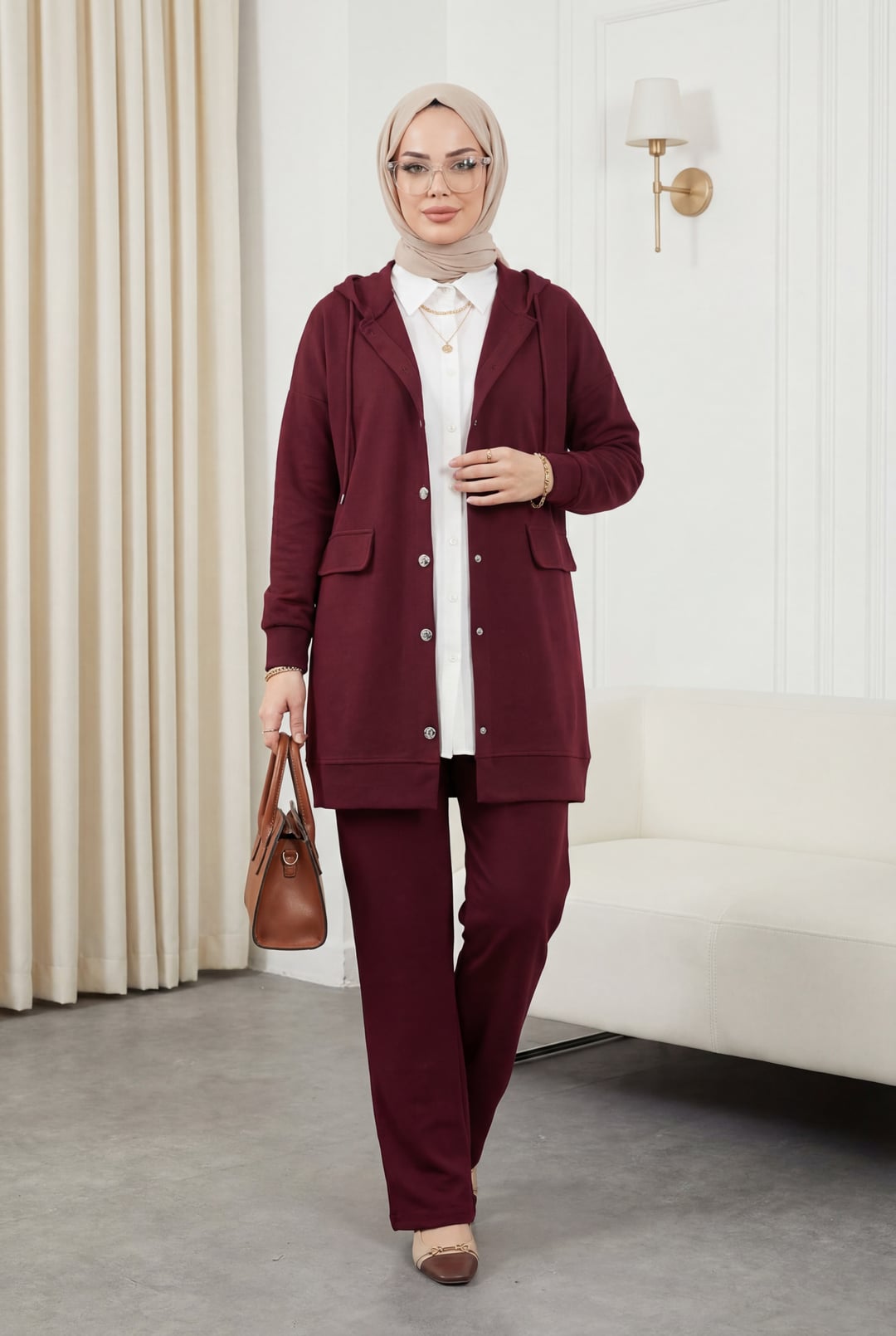 Hooded Button-Front Jacket and Relaxed Trousers Set in Burgundy - Podyumplus - by Peralane