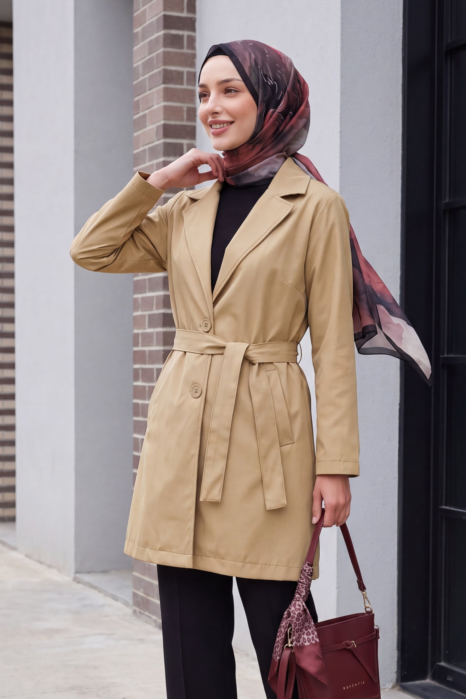 Women's Belted Short Trench Coat - Light Beige (Haki) - Bigdart - by Peralane - photo 4