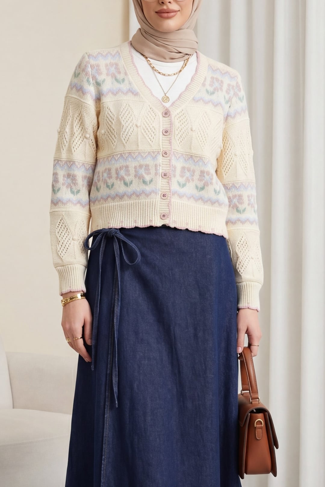 Cream Butterfly Patterned Colorful Buttoned Openwork Knit Cardigan - Podyumplus - by Peralane