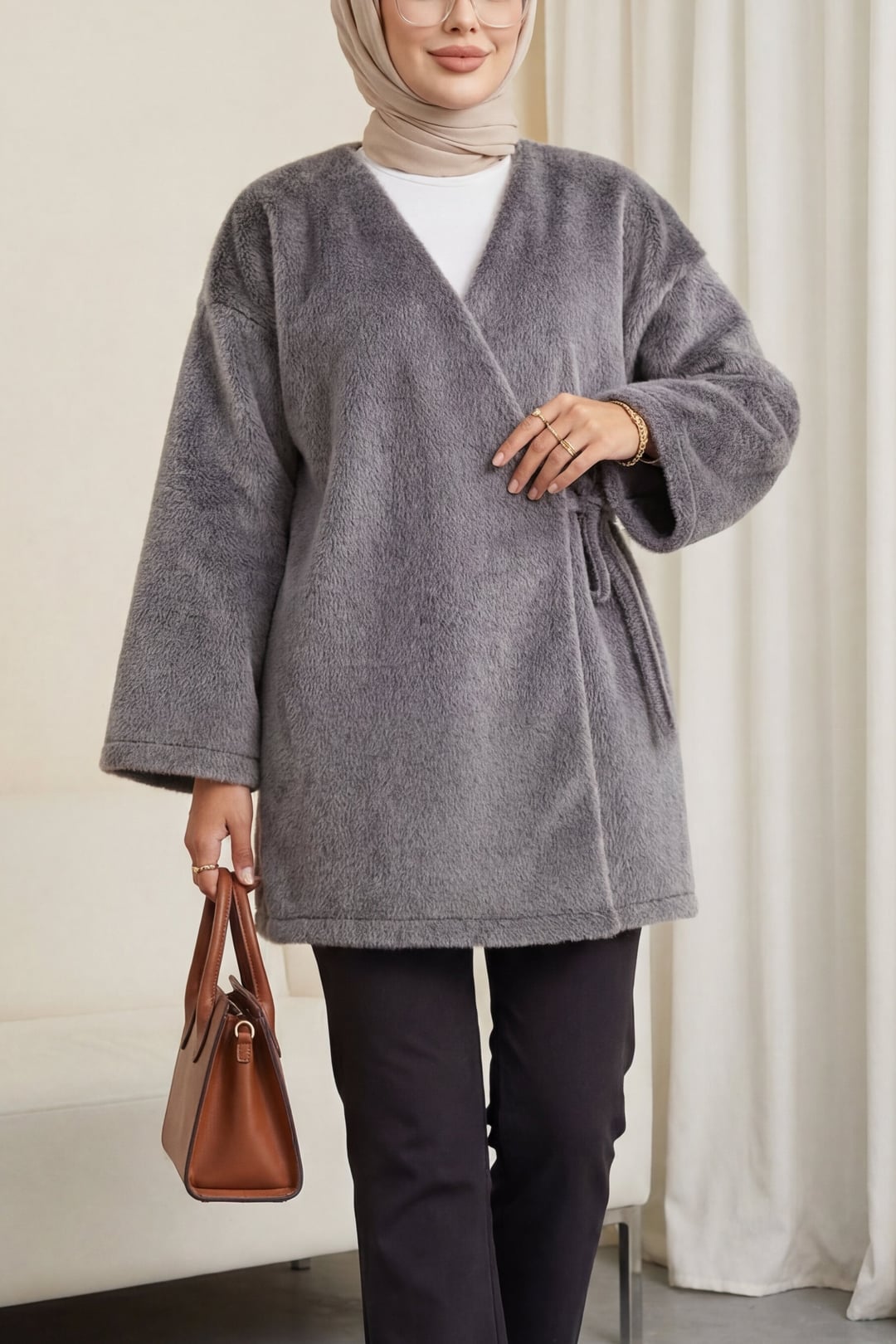 Side-Tie Faux Fur Coat with Wrap Closure - Smoke Grey - Podyumplus - by Peralane