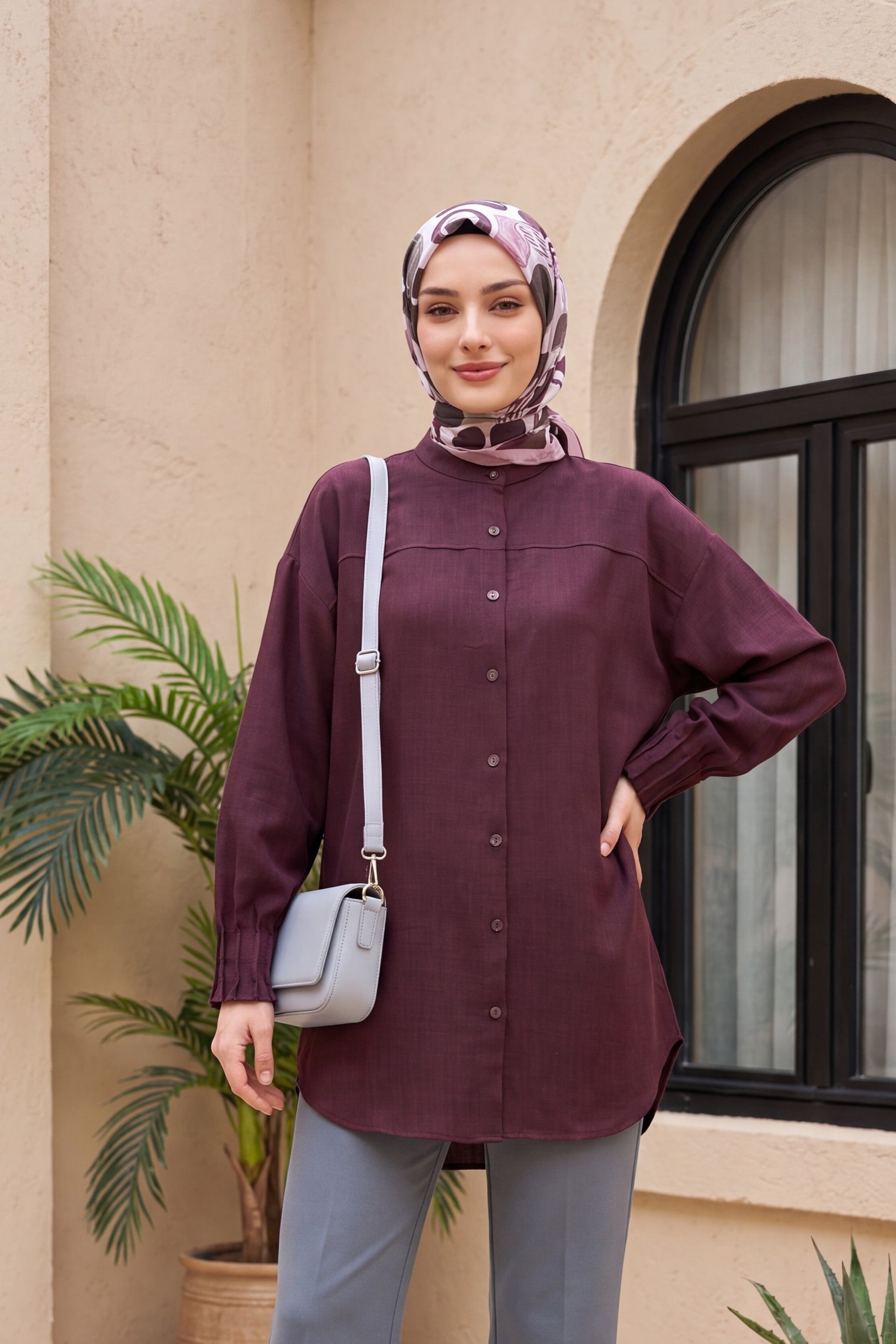 Oval Cut Tunic with Pleated Cuff - Plum - Podyumplus - by Peralane - photo 5