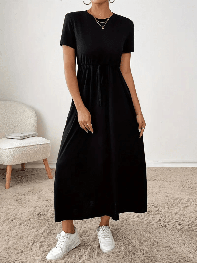 Women's Short-Sleeved Round Neck Drawstring Waist Maxi Dress in Black - Janes - by Peralane - photo 2