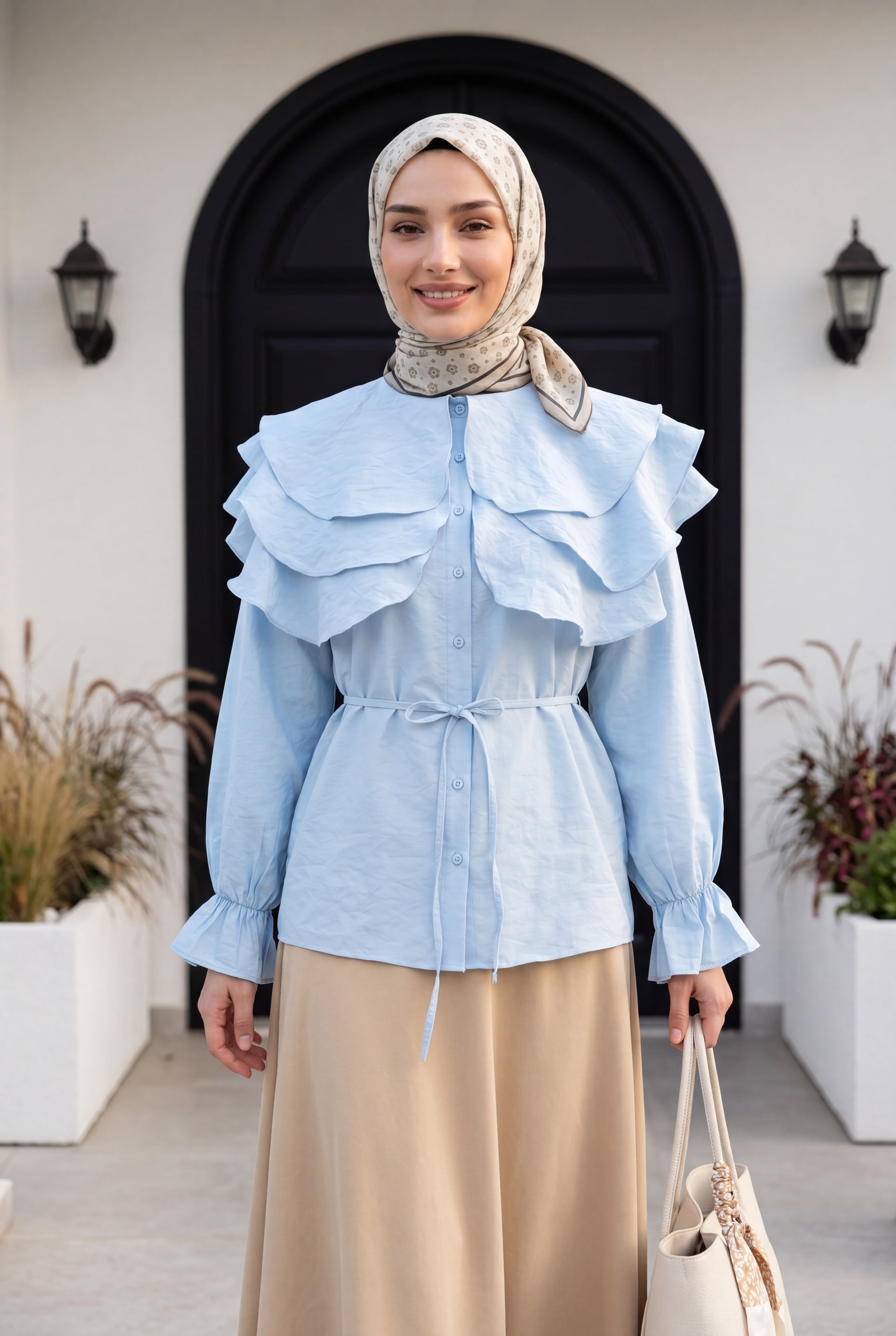 Layered Baby Collar Long Sleeve Tie Waist Blouse - Baby Blue - Podyumplus - by Peralane - photo 2