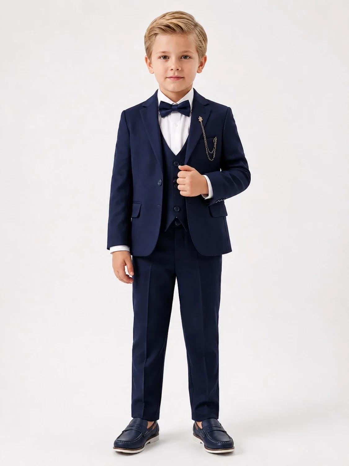 Navy Blue Boys' Formal Suit Set (Jacket, Waistcoat, Trousers, Shirt, Bow Tie) - Terry - by Peralane