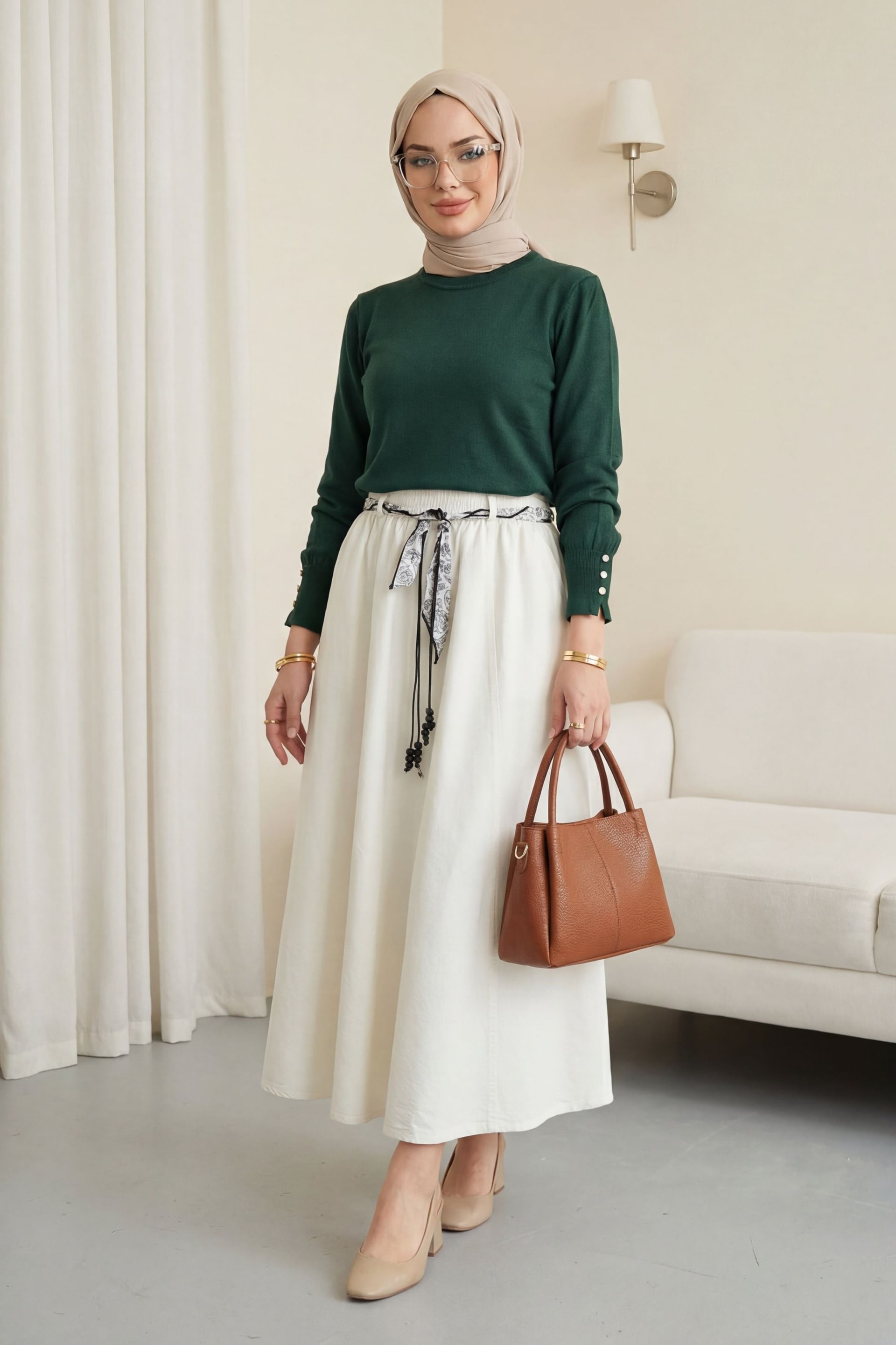 Round Neck Sleeve Button Detail Knit Tunic - Emerald - Podyumplus - by Peralane - photo 3