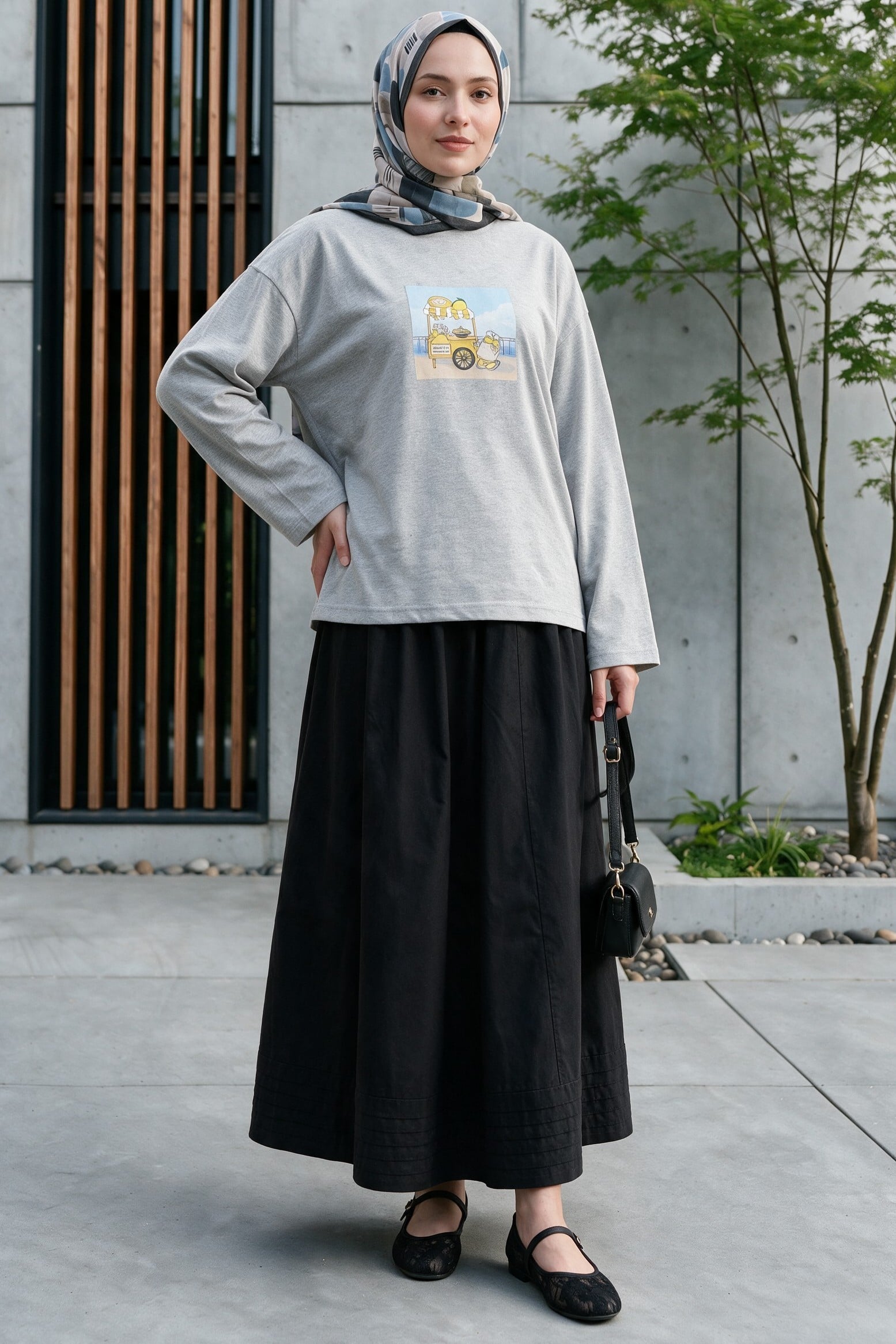 Grey Long-Sleeved Cotton Jersey Sweatshirt with Beach Scene Print - Podyumplus - by Peralane - photo 3