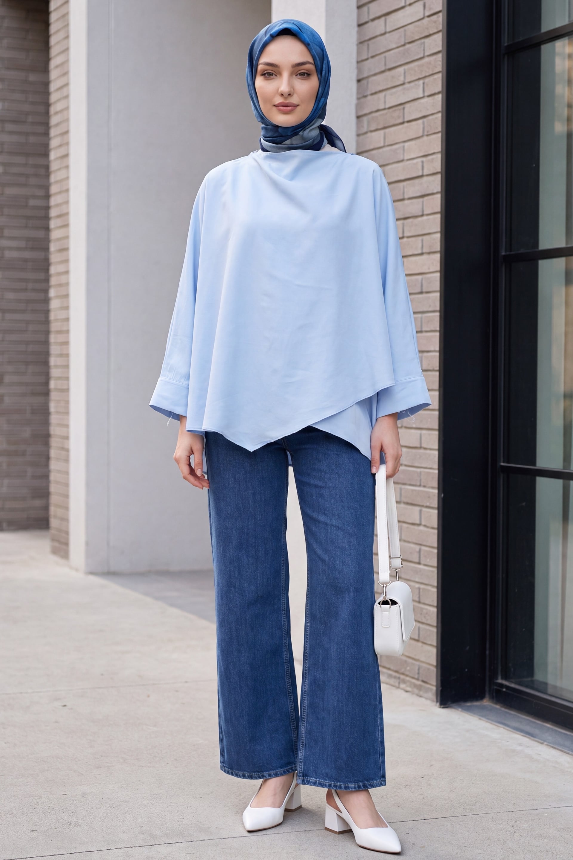 Button-Shoulder Batwing Sleeve Modal Kimono Poncho - Baby Blue - Podyumplus - by Peralane - photo 3