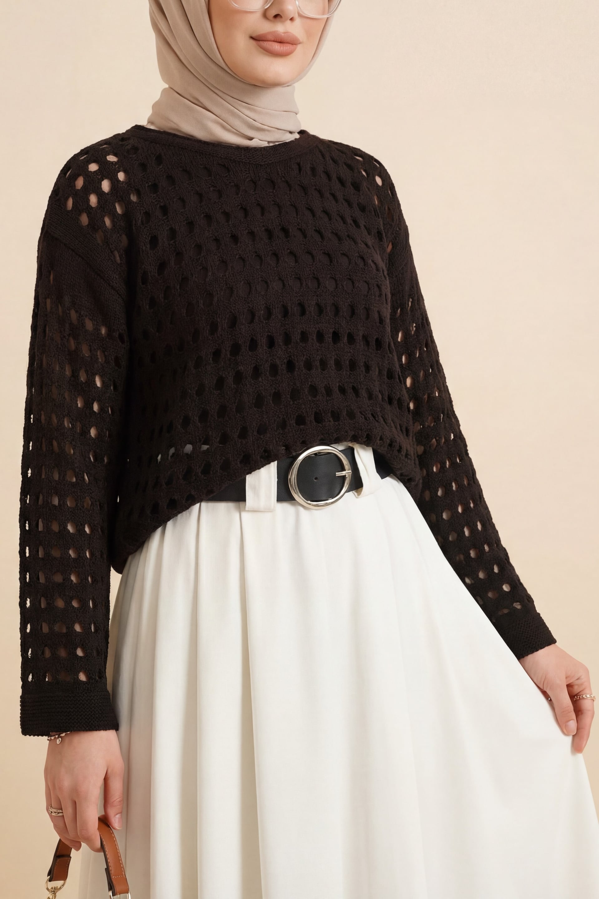 Boat Neck Open-Knit Sweater - Dark Brown - Podyumplus - by Peralane