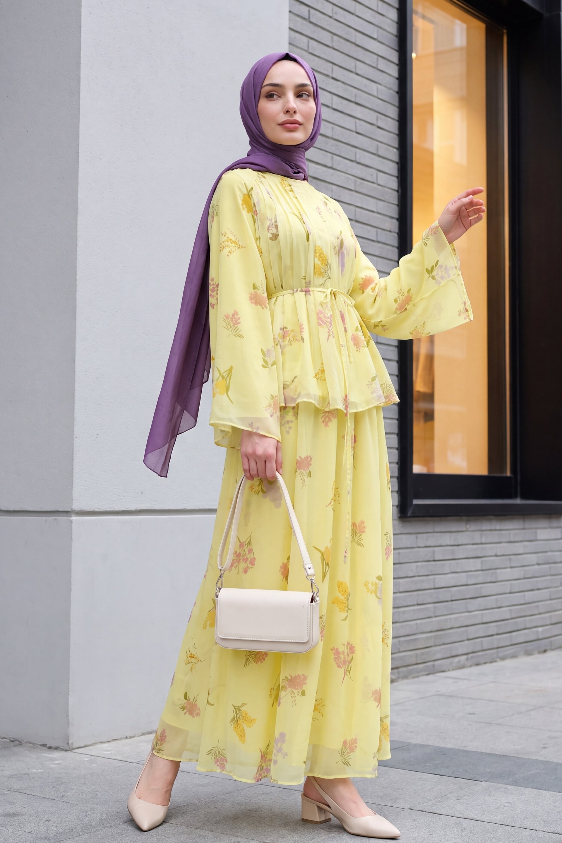 Floral Print Belted Chiffon Dress Set with Scarf - Yellow - Podyumplus - by Peralane - photo 2