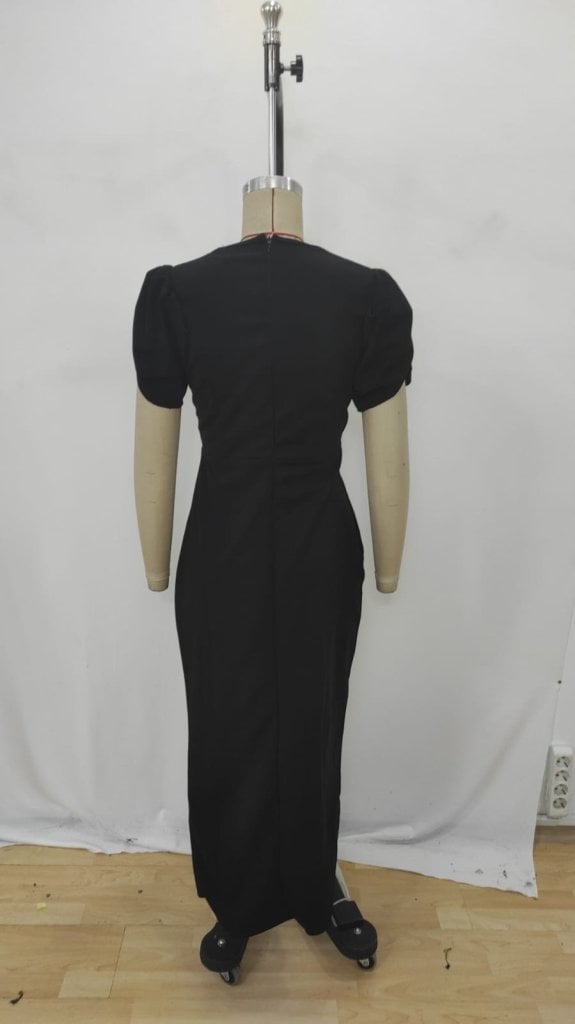 Women's Black Crepe Dress with V-Neckline, Short Puff Sleeves, Ruched Side and Stone Embellishment - Janes - by Peralane - photo 7